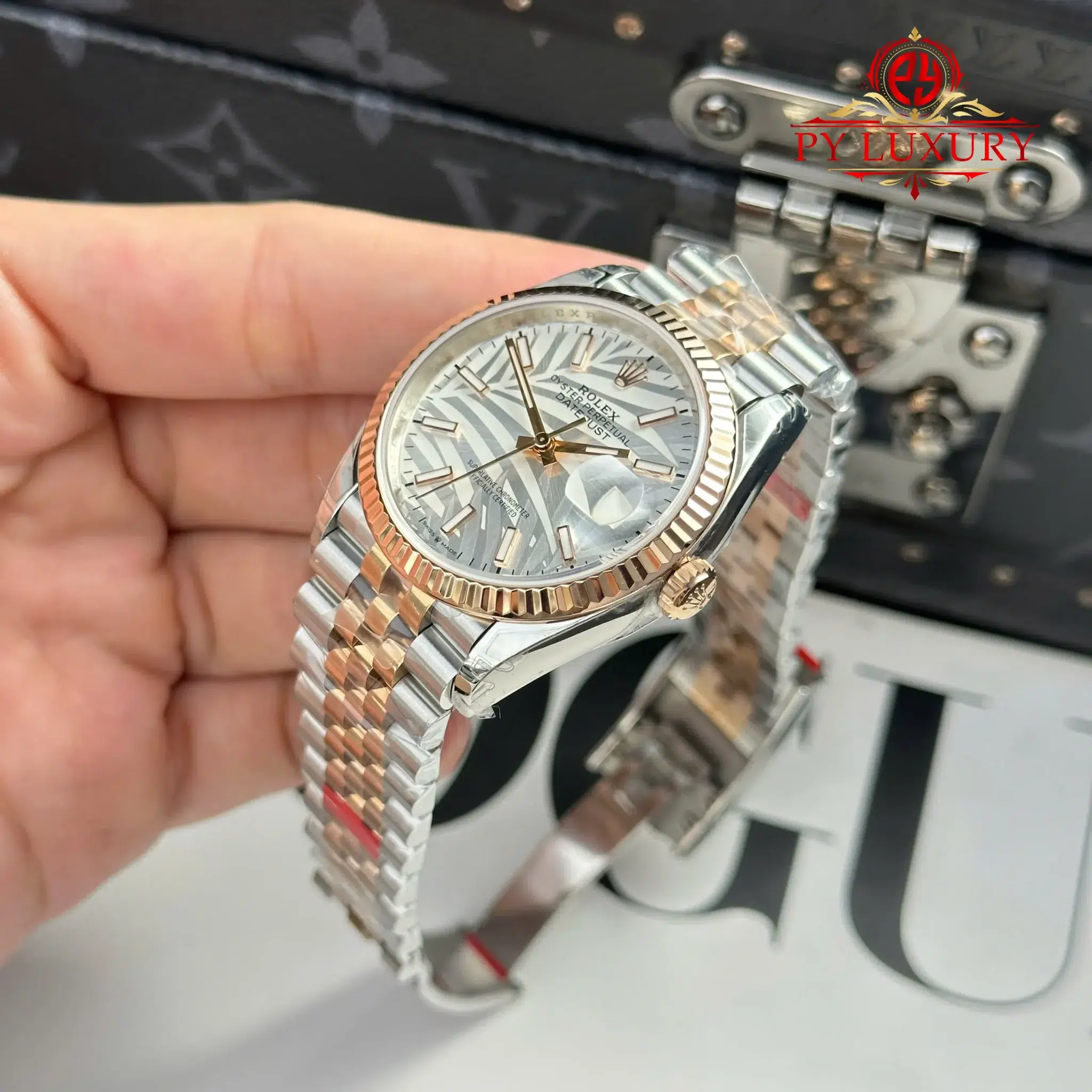 Rolex Datejust 36 Rose Gold Steel Palm Motif Dial Fluted Bezel Jubilee Bracelet - 9