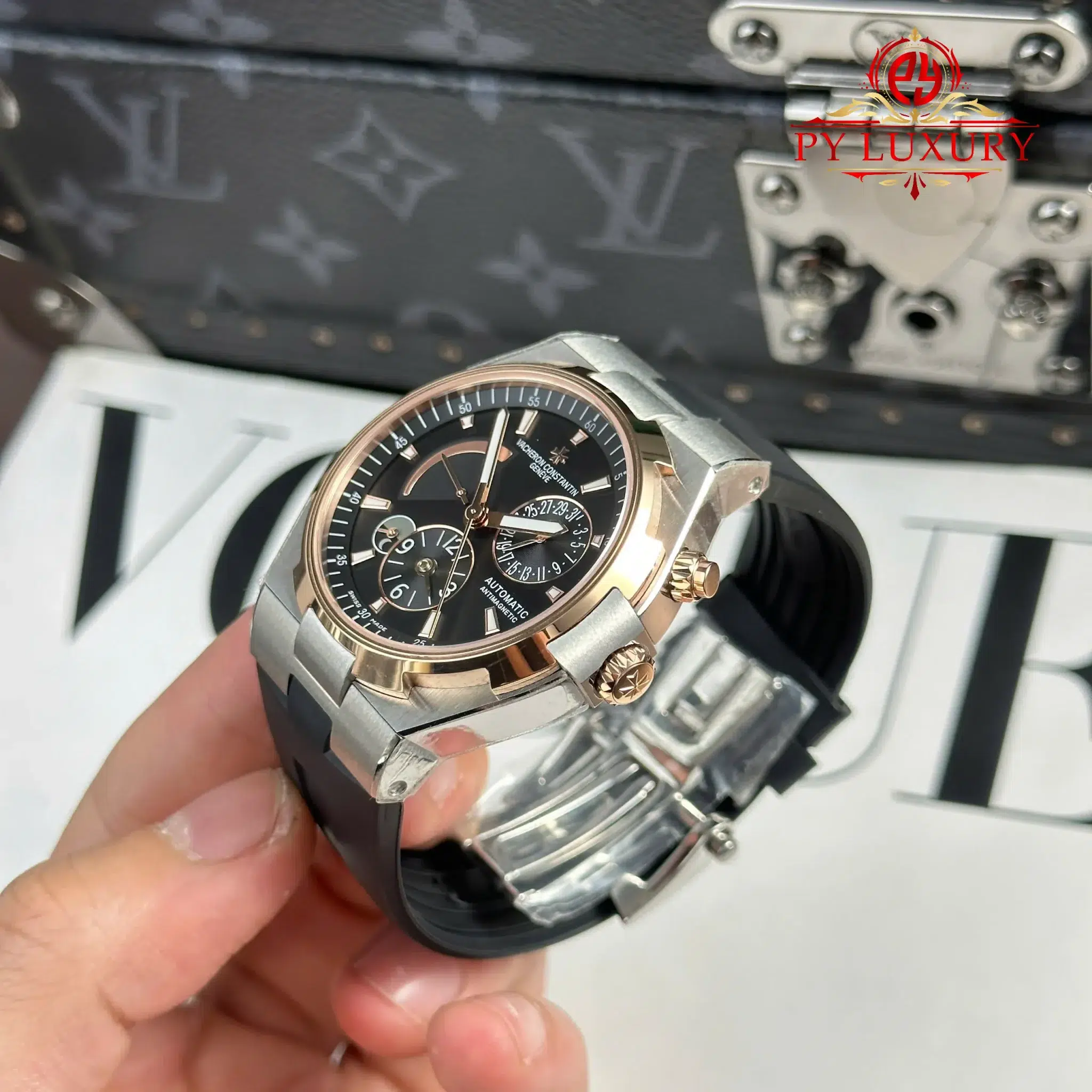 Vacheron Constantin Overseas Dual Time 47450 Two Tone Rose Gold Grey Dial Rubber Band - 3