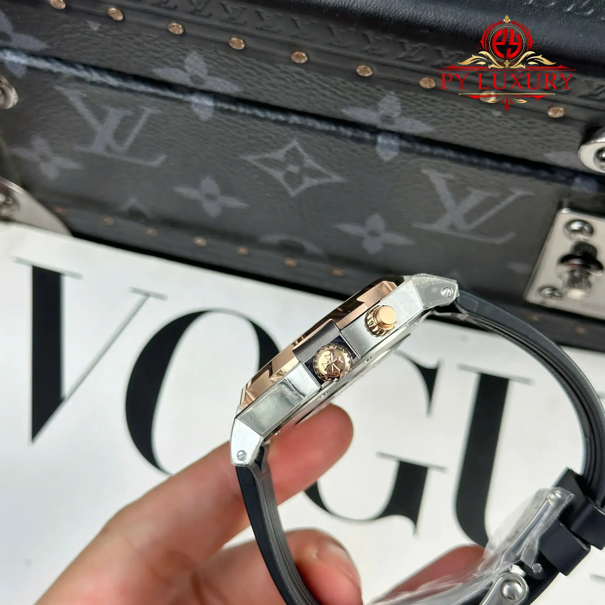 Vacheron Constantin Overseas Dual Time 47450 Two Tone Rose Gold Grey Dial Rubber Band - 4