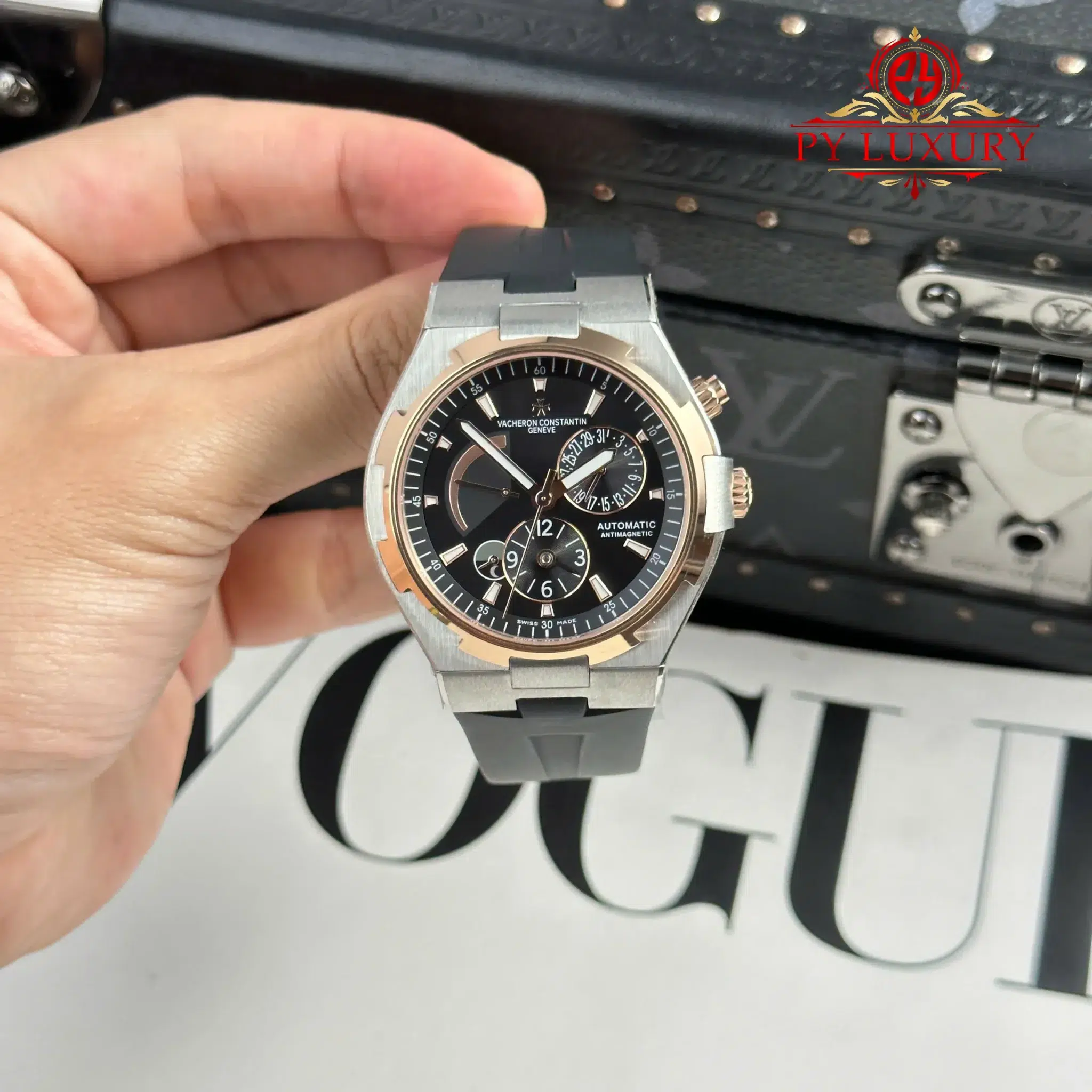 Vacheron Constantin Overseas Dual Time 47450 Two Tone Rose Gold Grey Dial Rubber Band - 7 Vacheron Constantin Overseas Dual Time 47450/000M-9644 Two Tone Rose Gold Grey Dial Rubber Band Best Replica