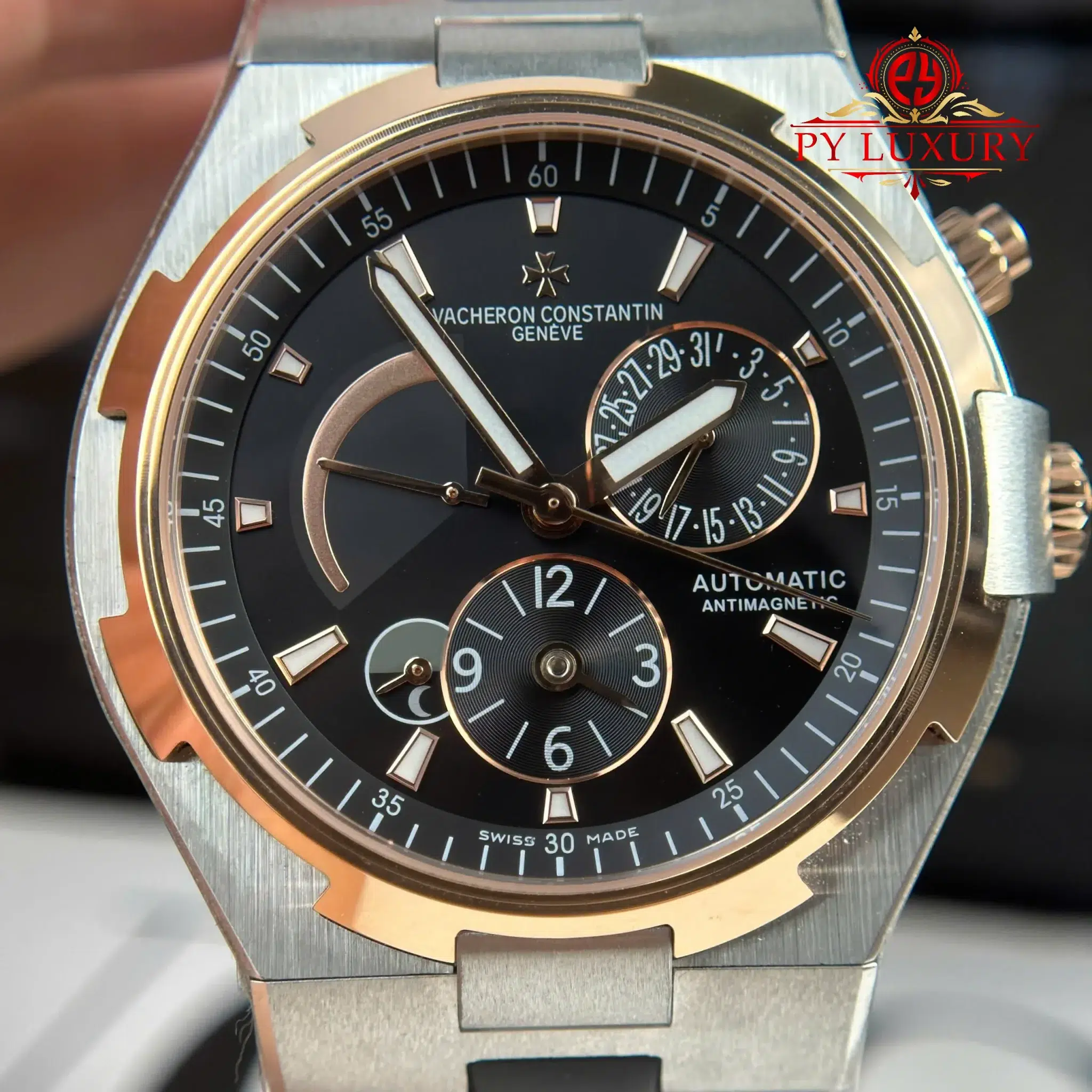 Vacheron Constantin Overseas Dual Time 47450 Two Tone Rose Gold Grey Dial Rubber Band - 8