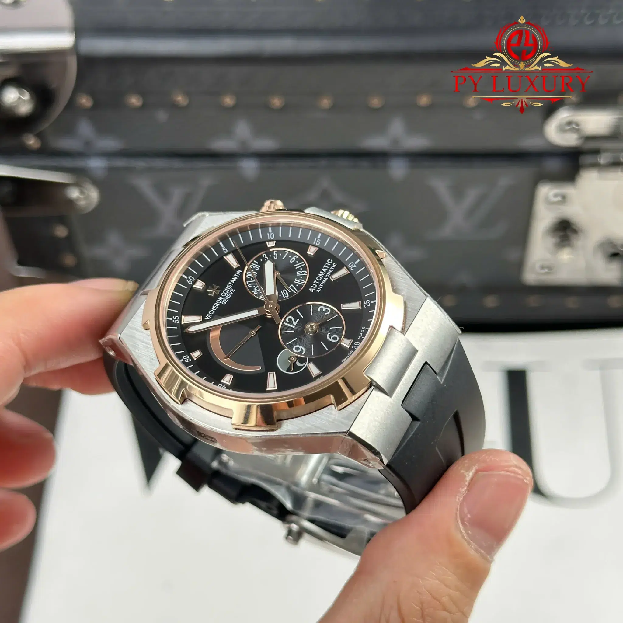 Vacheron Constantin Overseas Dual Time 47450 Two Tone Rose Gold Grey Dial Rubber Band - 9