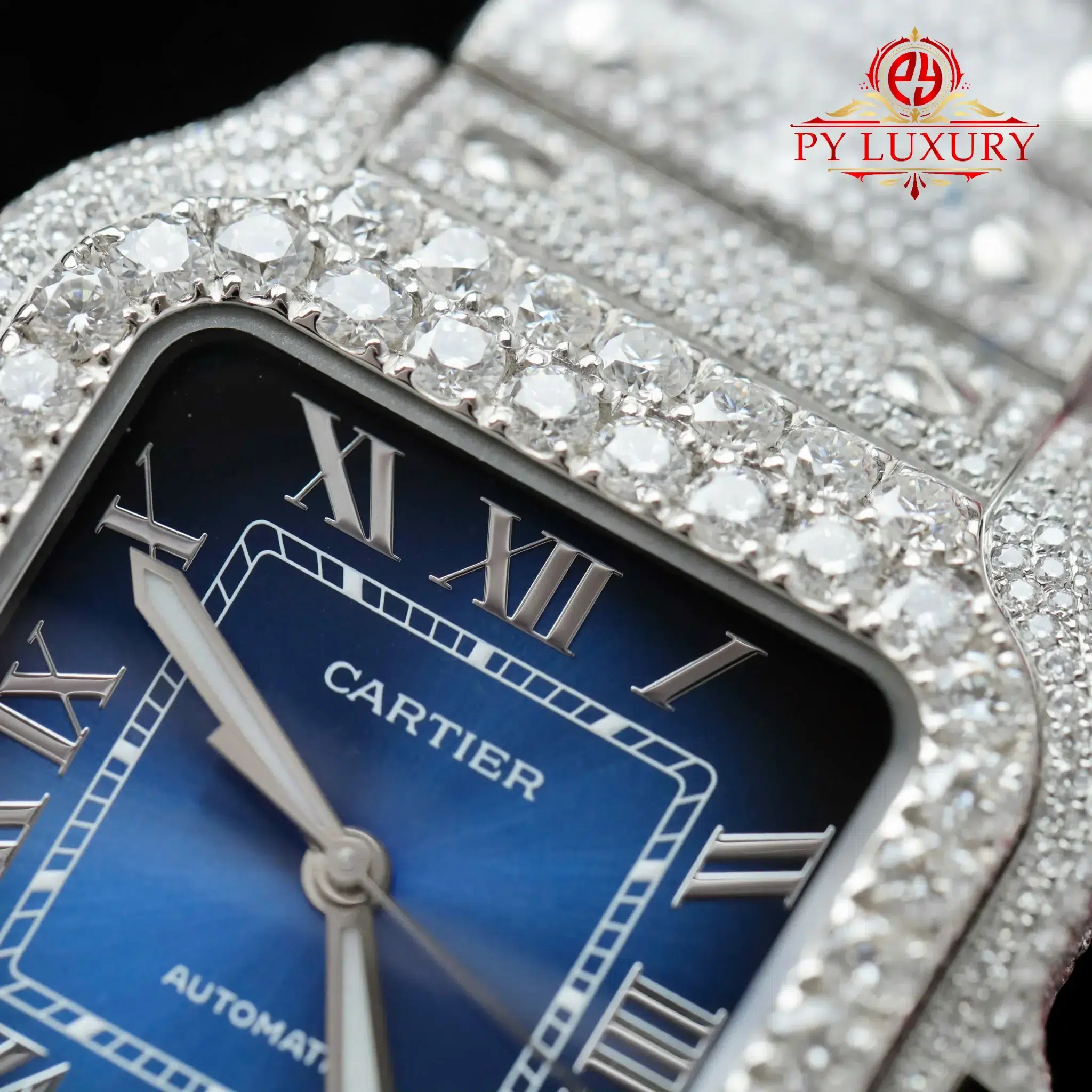 Cartier Santos Large Model Blue Dial Iced Out Moissanite - 1