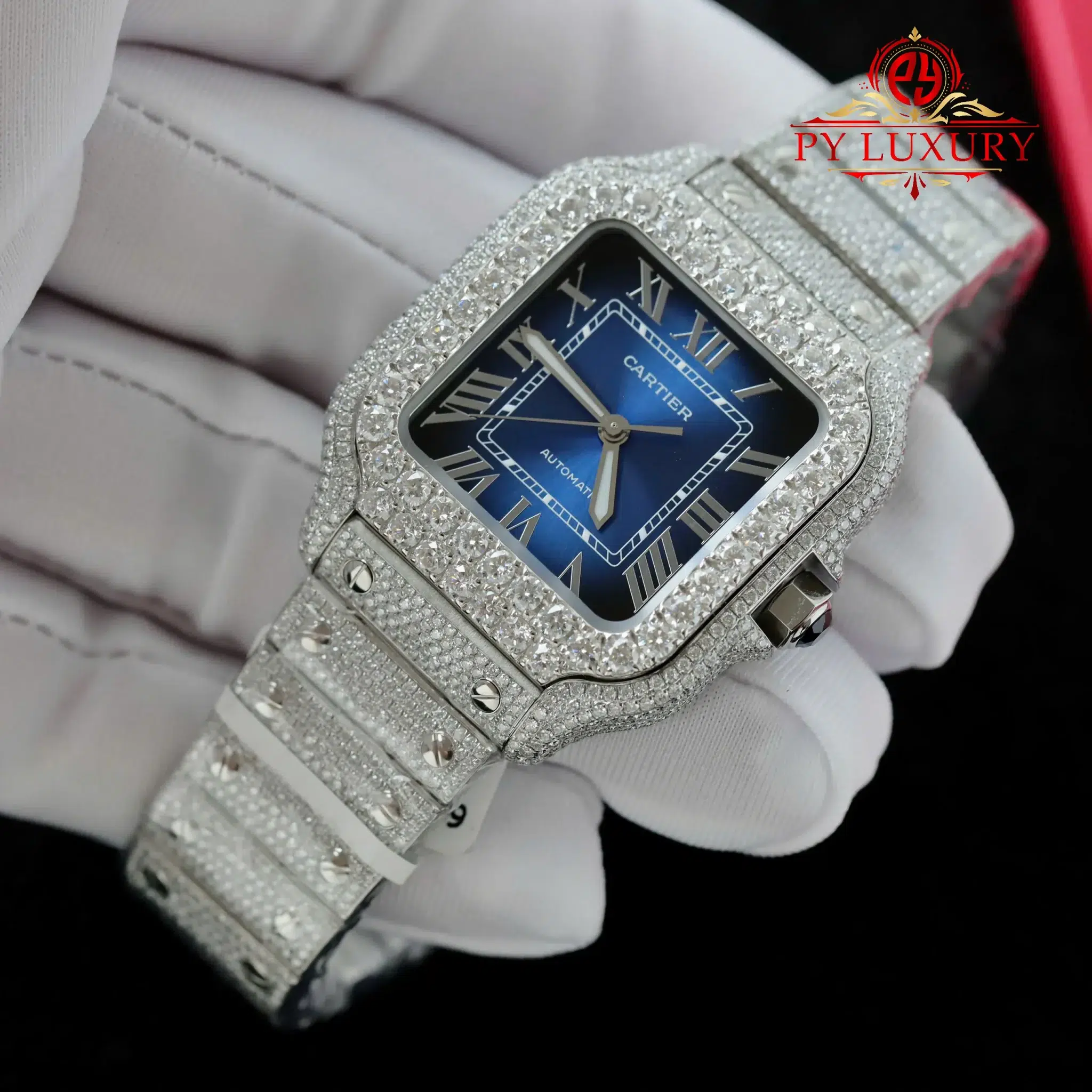 Cartier Santos Large Model Blue Dial Iced Out Moissanite - 2