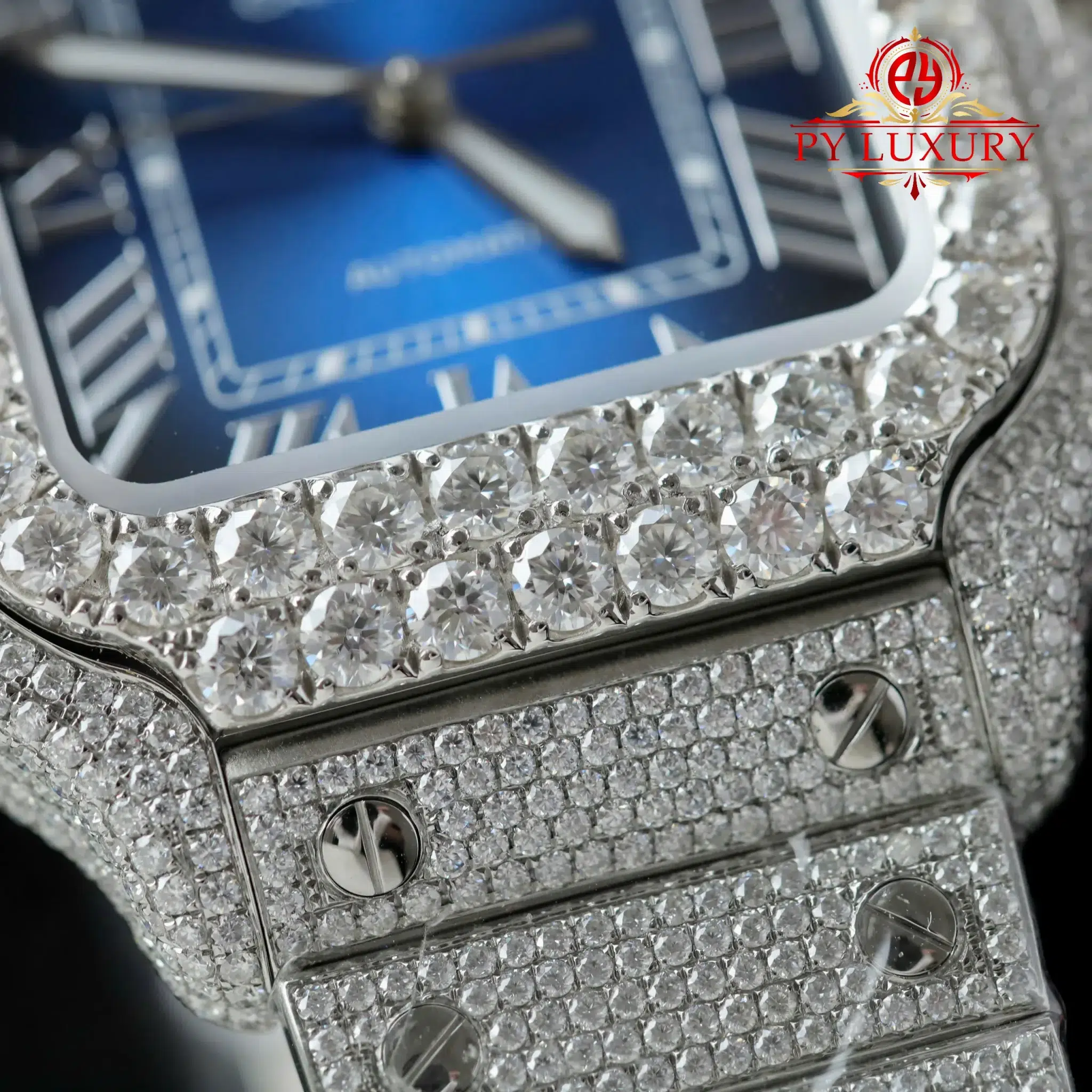 Cartier Santos Large Model Blue Dial Iced Out Moissanite - 3