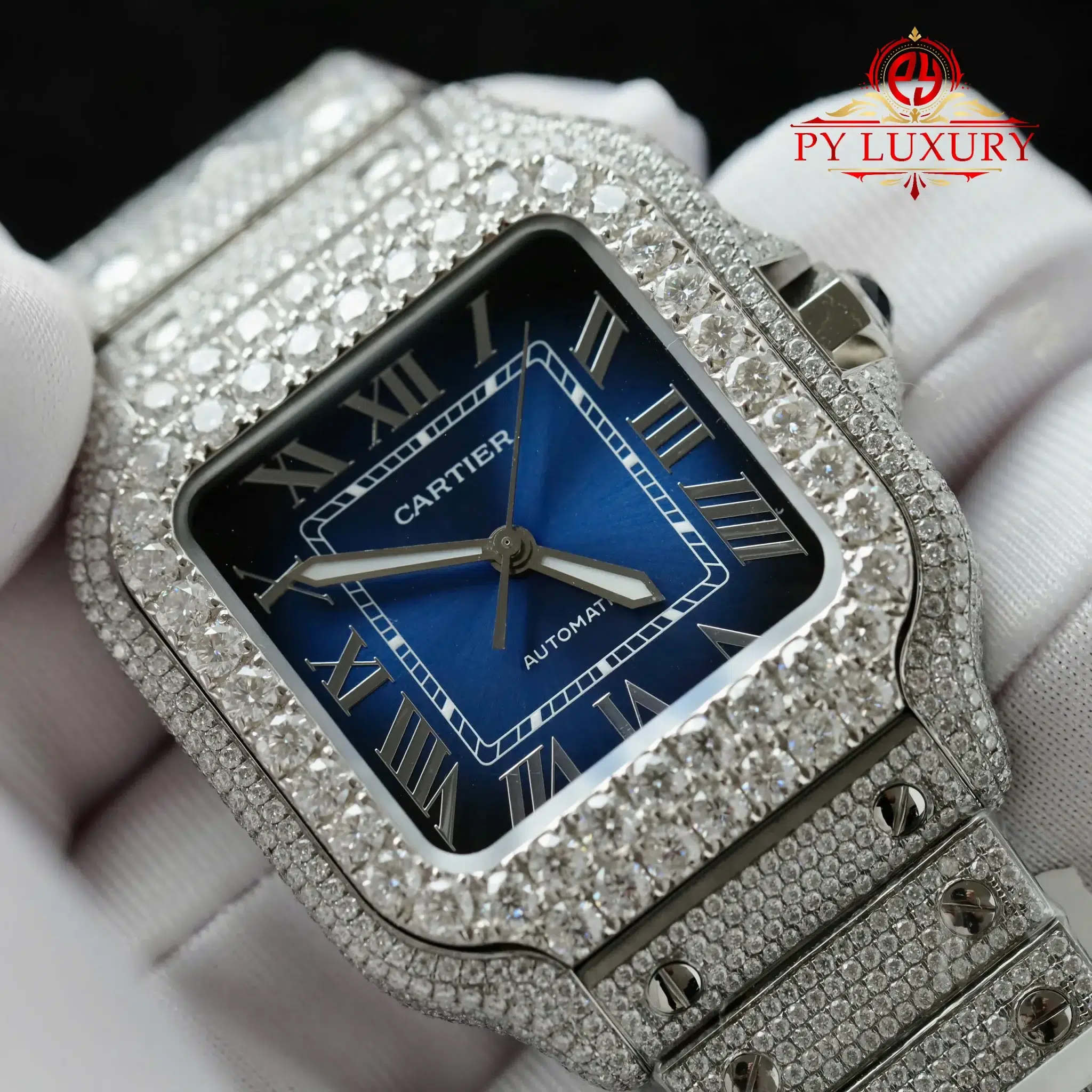 Cartier Santos Large Model Blue Dial Iced Out Moissanite - 4