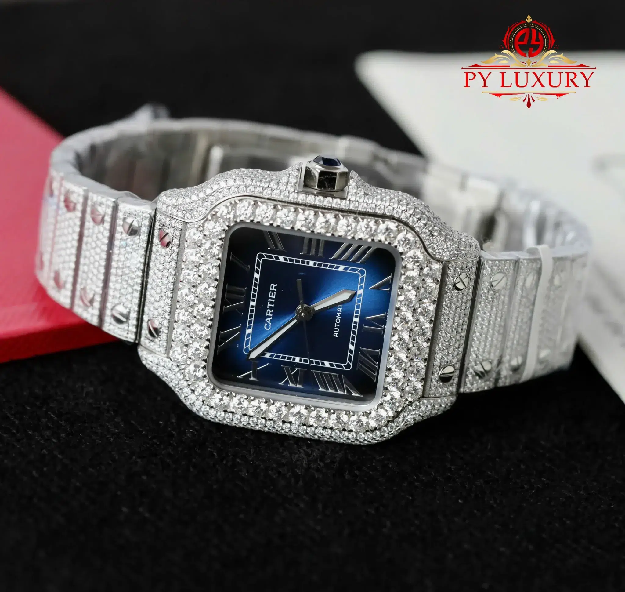 Cartier Santos Large Model Blue Dial Iced Out Moissanite - 6