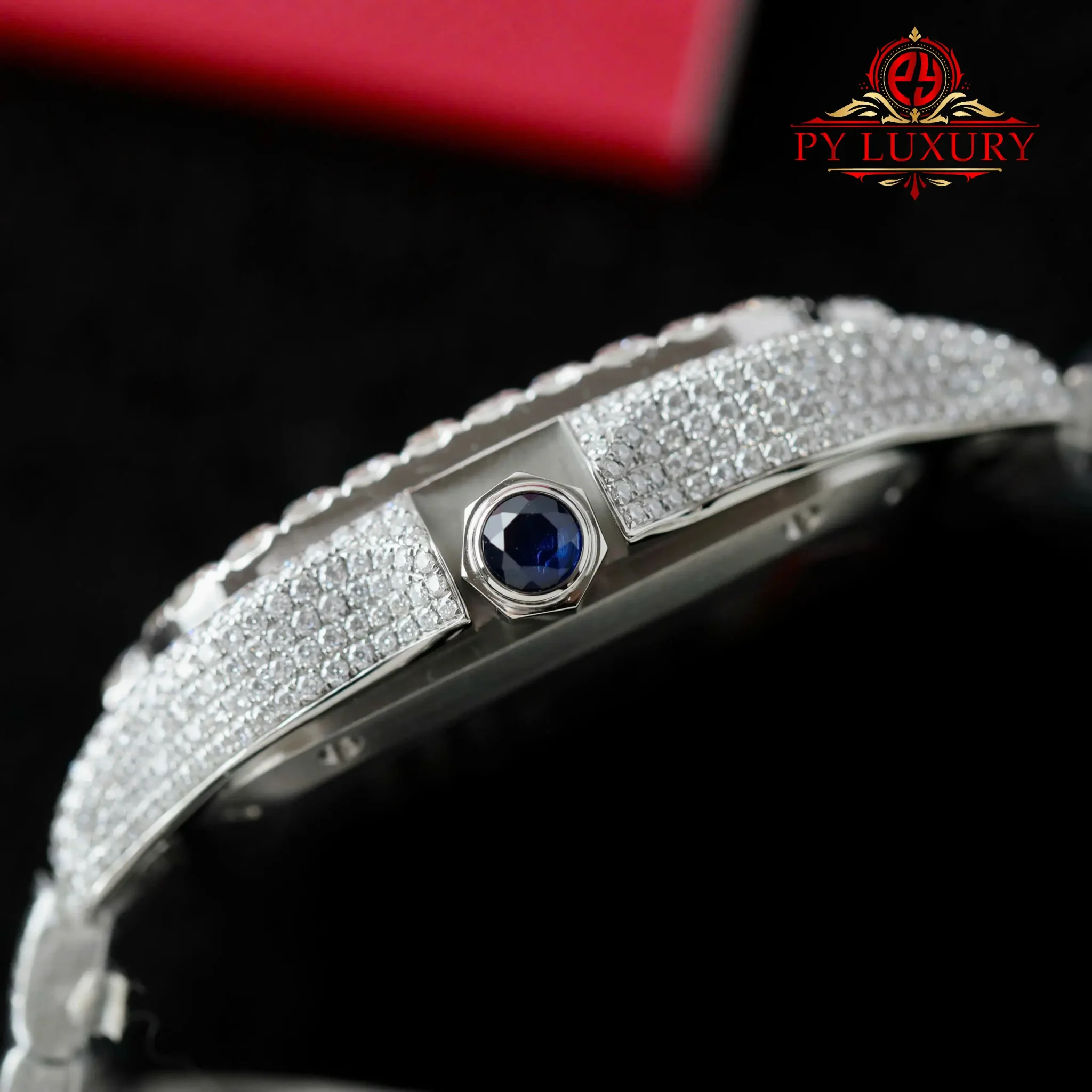 Cartier Santos Large Model Blue Dial Iced Out Moissanite - 9