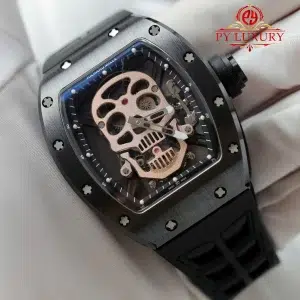 Đồng Hồ Richard Mille RM52-01 Skull Tourbillon Vỏ Gốm Đen Dây Cao Su 1:1 Replica 43mm
