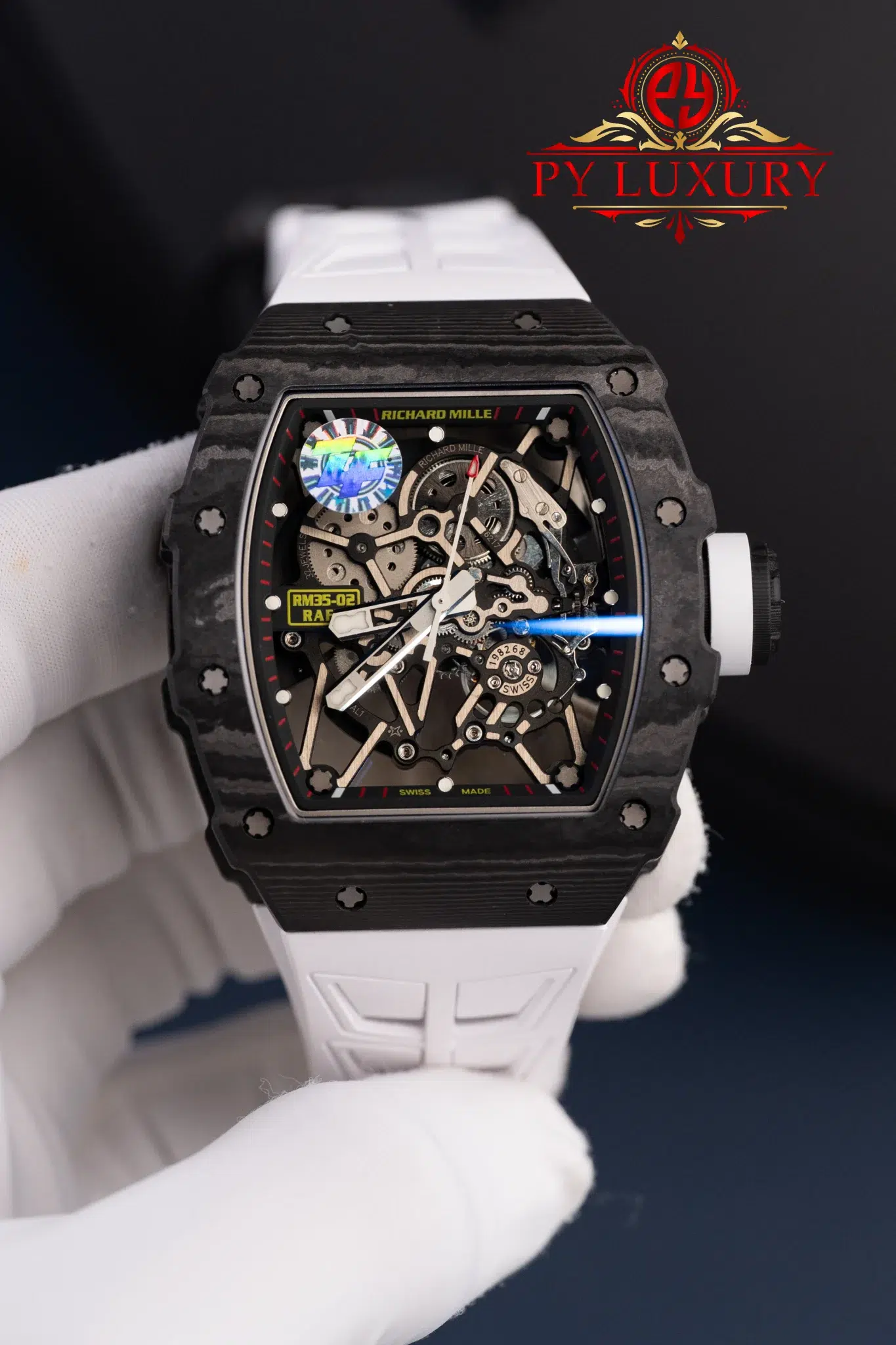 Richard Mille RM35-02 Rafael Nadal Black Carbon TPT White Rubber Band Super Clone - 1 Richard Mille RM35-02 Rafael Nadal Black Carbon TPT White Rubber Band Super Clone ZF V7