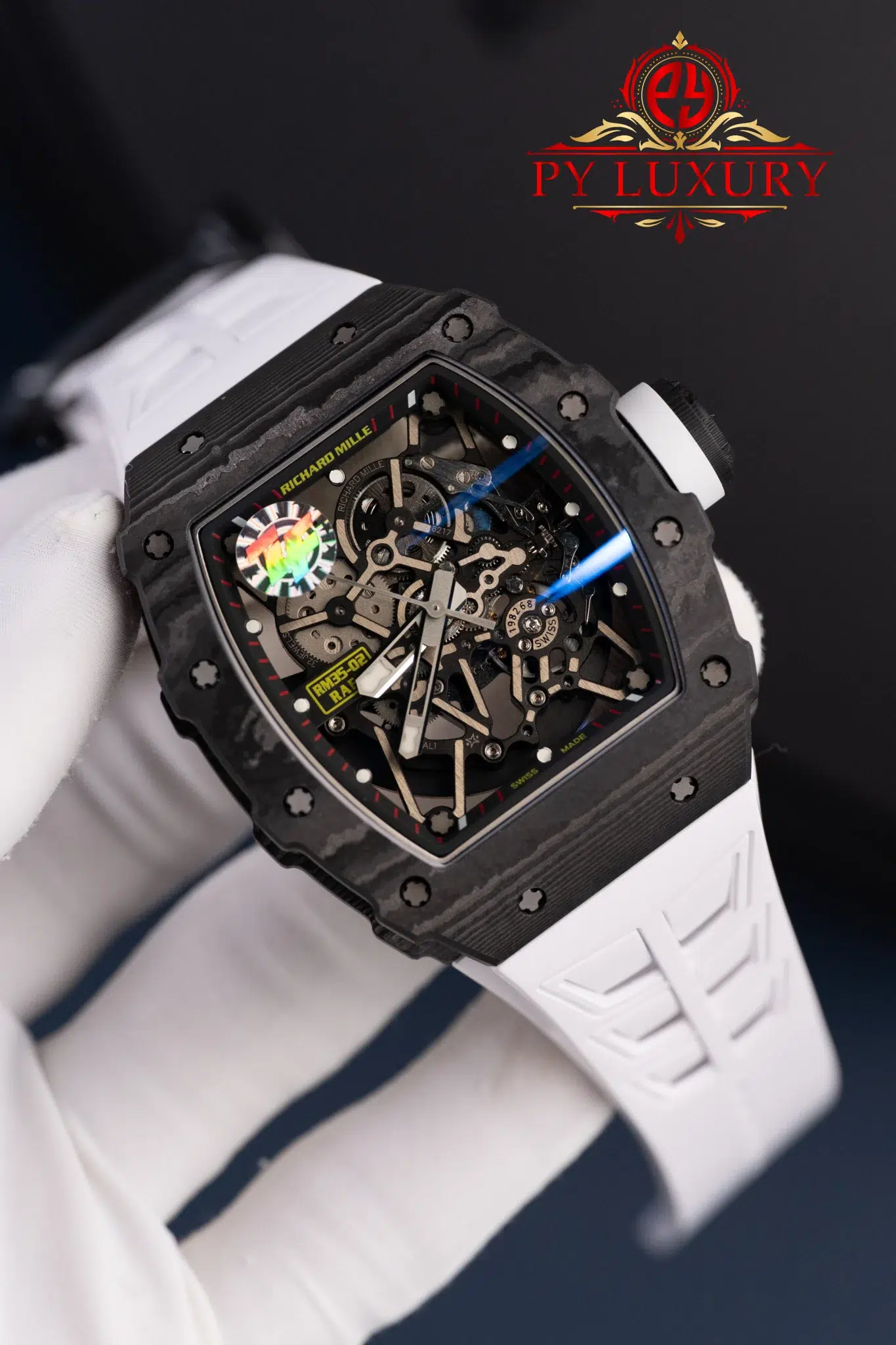 Richard Mille RM35-02 Rafael Nadal Black Carbon TPT White Rubber Band Super Clone - 6