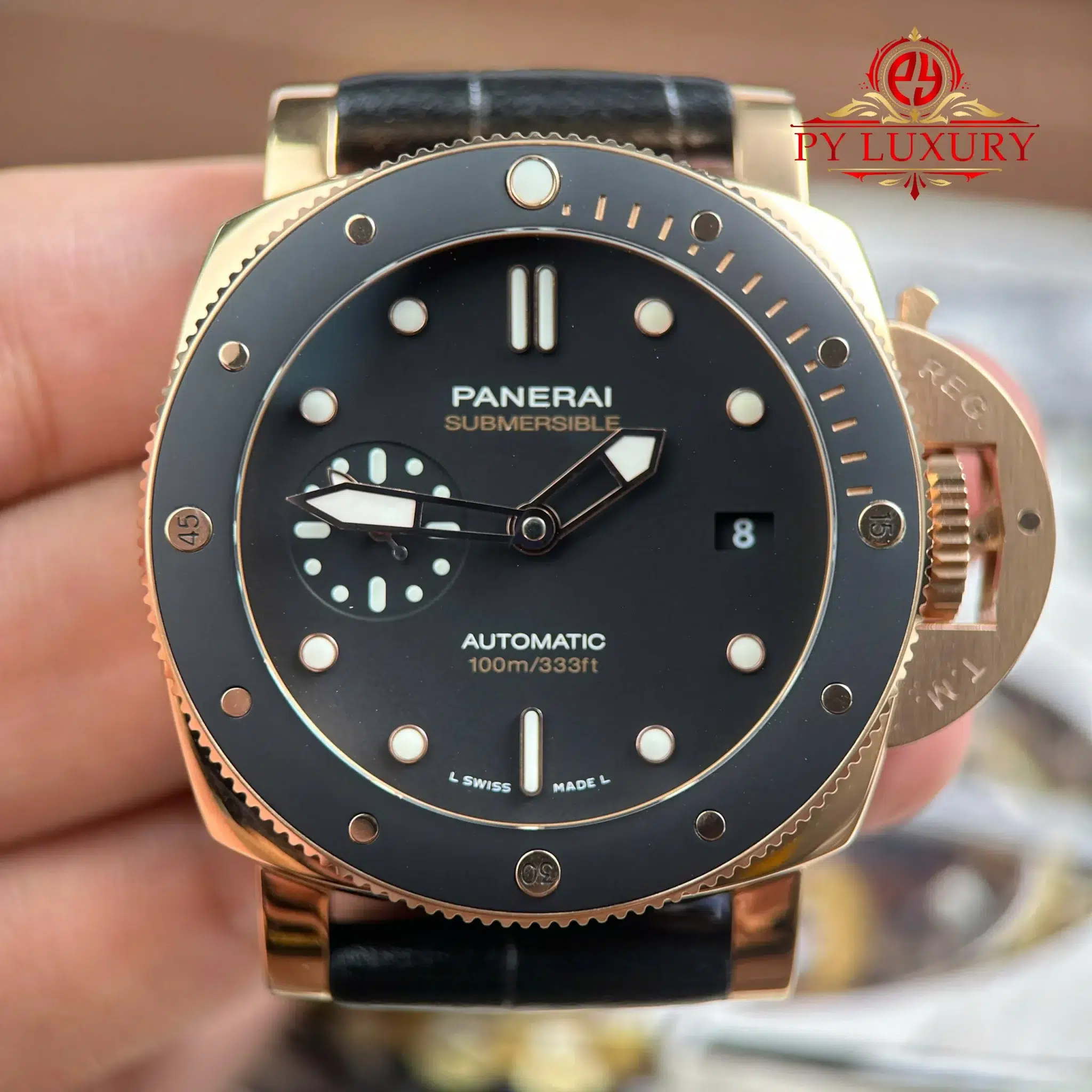 Panerai Submersible PAM00974 Rose Gold Black Dial Leather Strap - 1