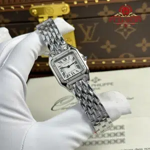 Đồng Hồ Nữ Cartier Panthère Vỏ Thép Mặt Trắng Viền Đá CZ Replica 27mm x 36mm