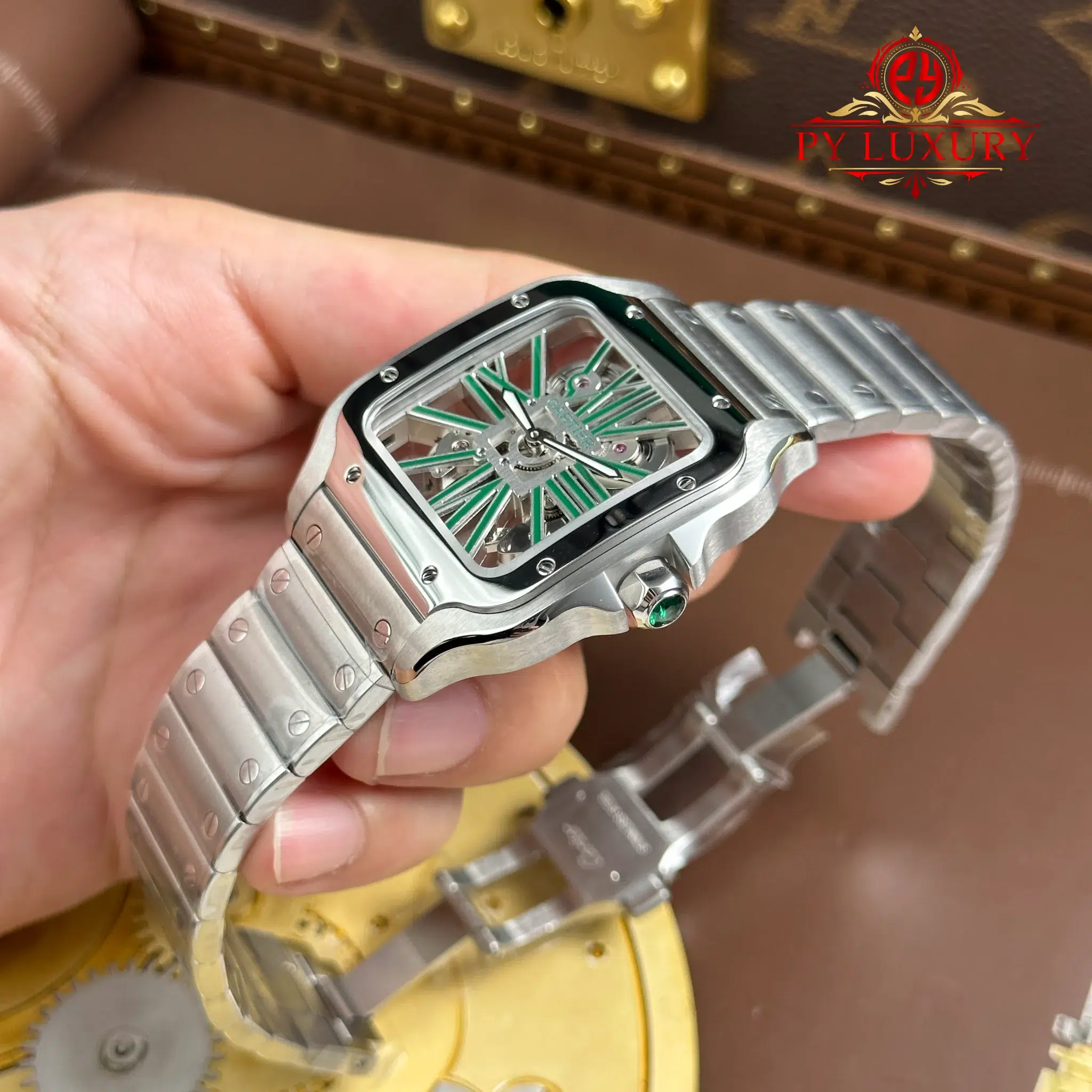 Cartier Santos De Cartier Skeleton Green WHSA0028 Large Model Super Clone - 2