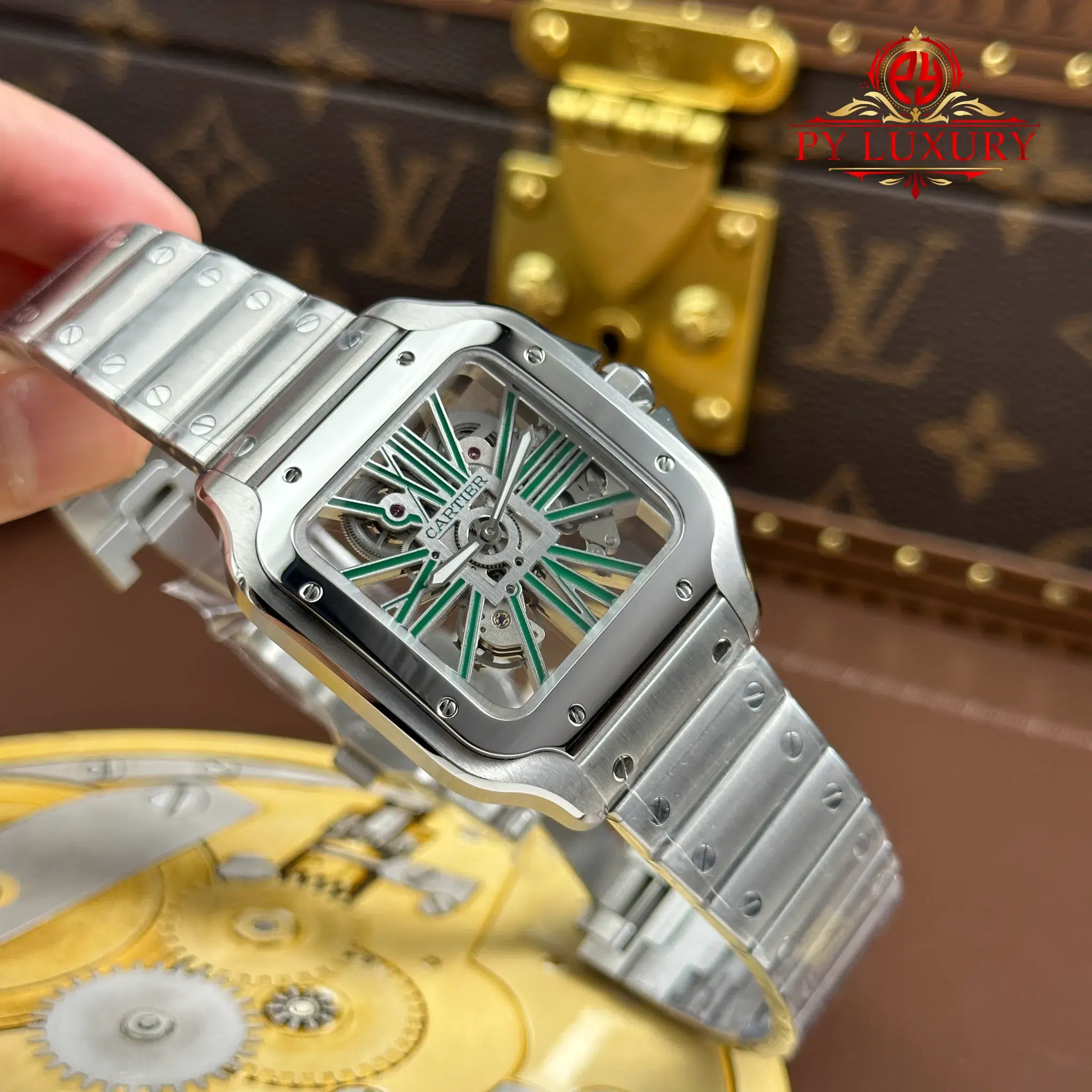 Cartier Santos De Cartier Skeleton Green WHSA0028 Large Model Super Clone - 3