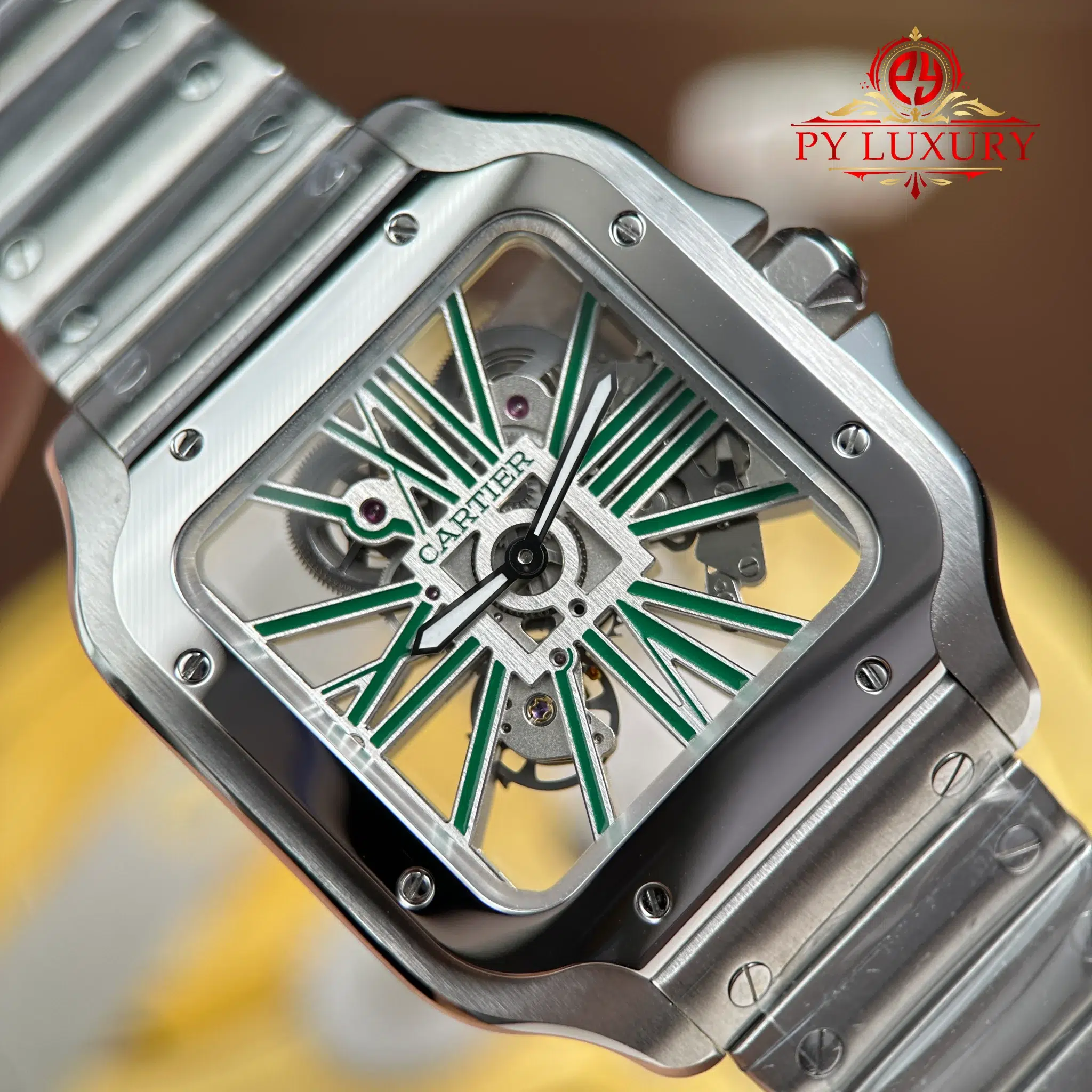 Cartier Santos De Cartier Skeleton Green WHSA0028 Large Model Super Clone - 4