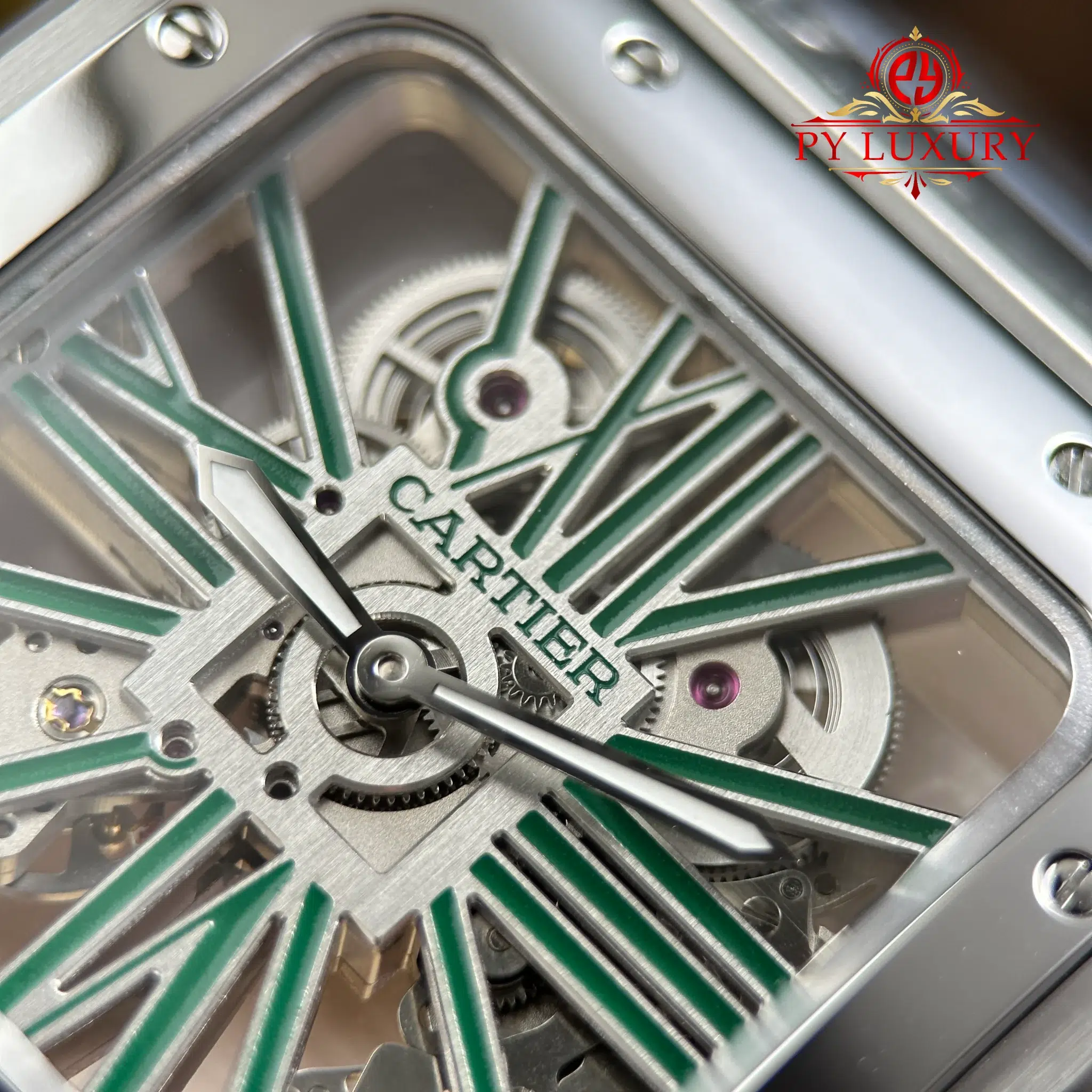 Cartier Santos De Cartier Skeleton Green WHSA0028 Large Model Super Clone - 6