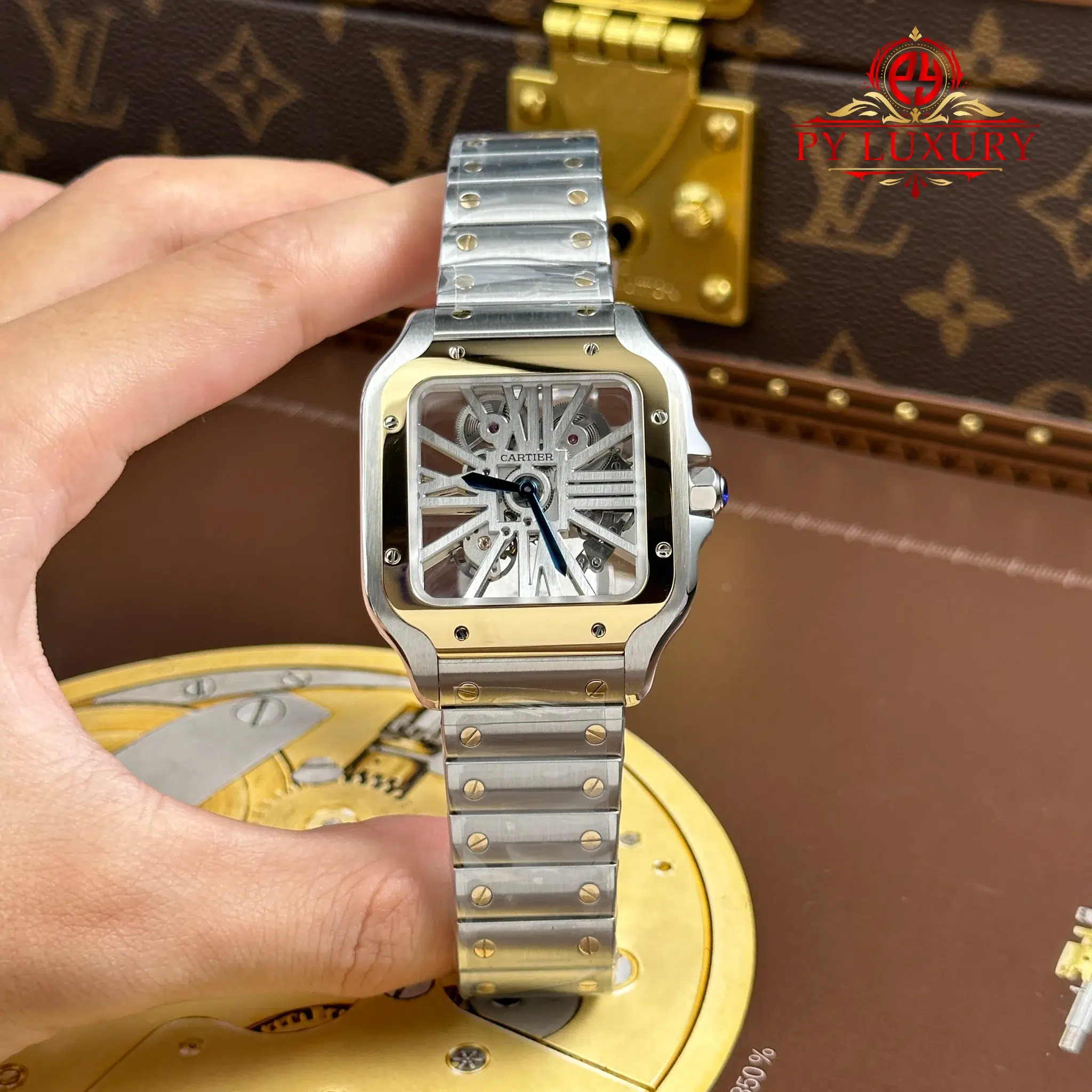 Cartier Santos Skeleton Large Model Steel & Yellow Gold WHSA0019 Steel Bracelet - 1 Cartier Santos Skeleton LM Steel & Yellow Gold WHSA0019 Steel Bracelet Super Clone MLF