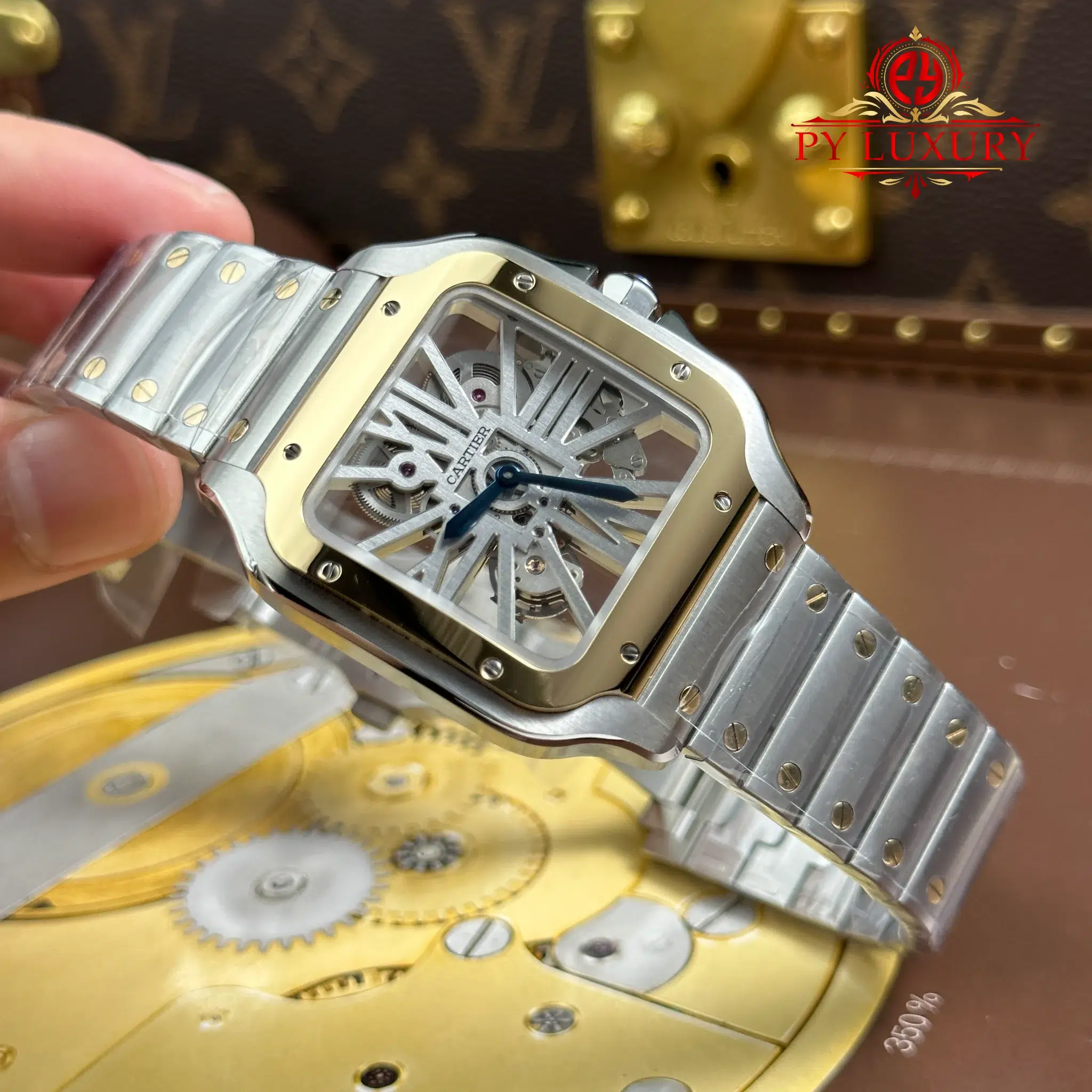 Cartier Santos Skeleton Large Model Steel & Yellow Gold WHSA0019 Steel Bracelet - 2