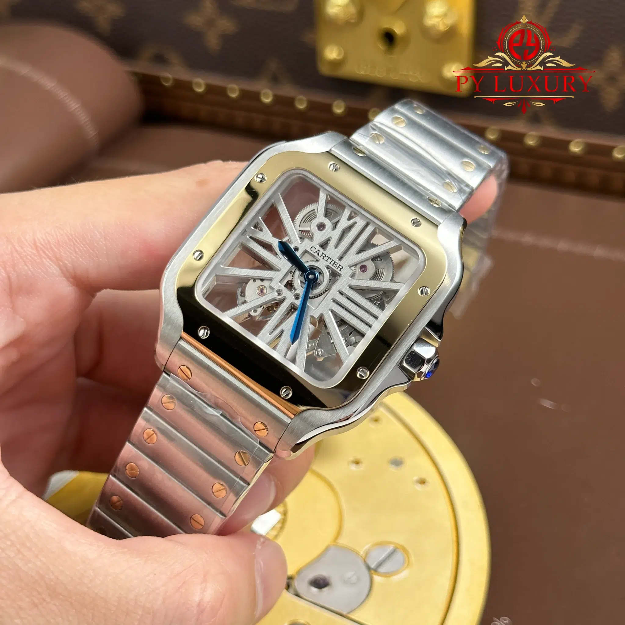 Cartier Santos Skeleton Large Model Steel & Yellow Gold WHSA0019 Steel Bracelet - 3