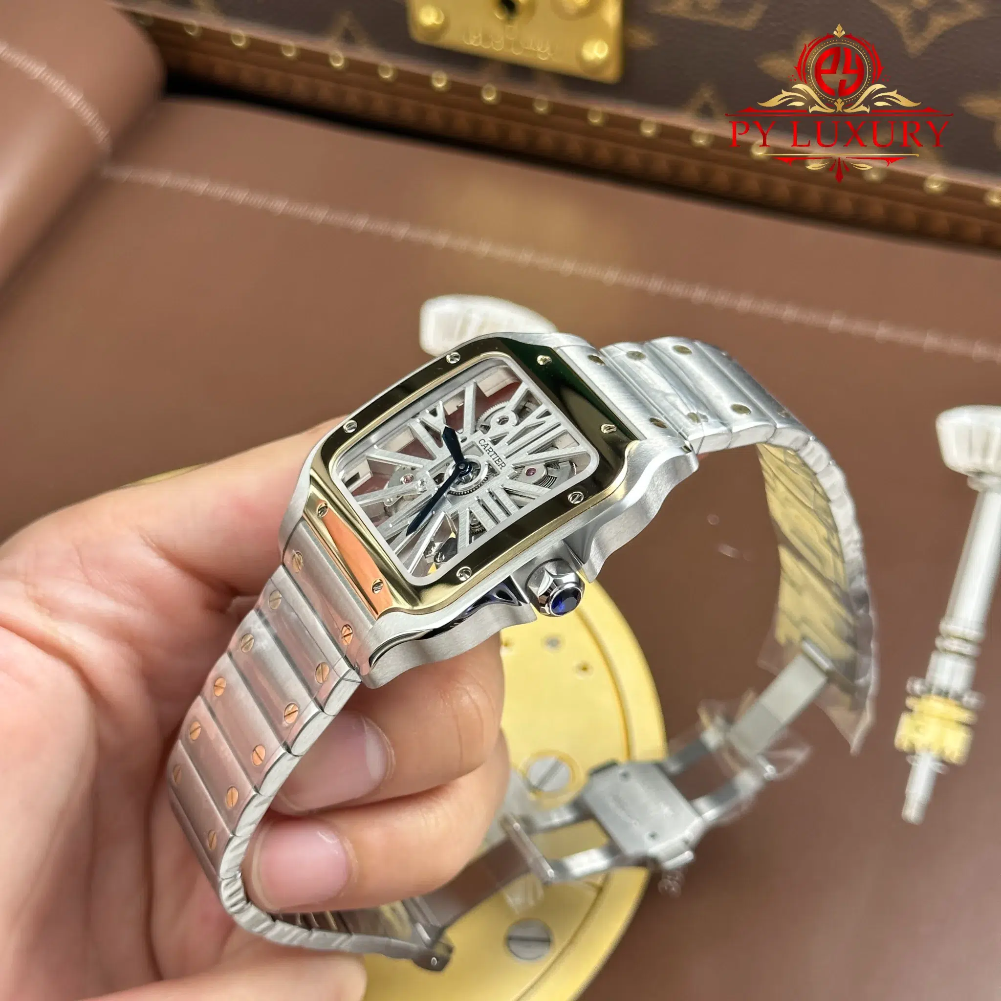 Cartier Santos Skeleton Large Model Steel & Yellow Gold WHSA0019 Steel Bracelet - 4