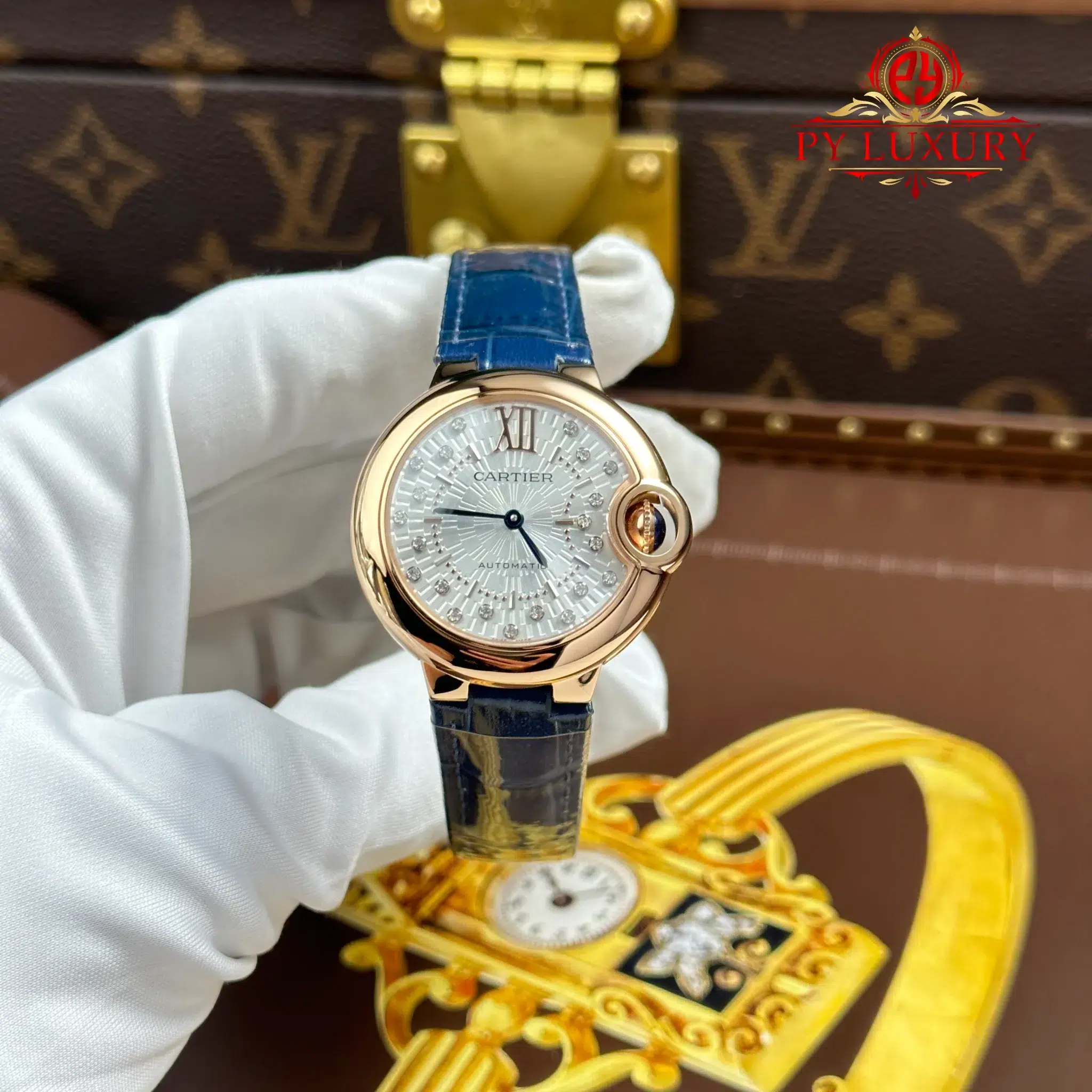 Cartier Ballon Bleu de Cartier WGBB0052 Rose Gold Silvered Stone-set Dial - 1 Cartier Ballon Bleu WGBB0052 Rose Gold Silvered Stone-set Dial Blue Leather Strap Best Replica
