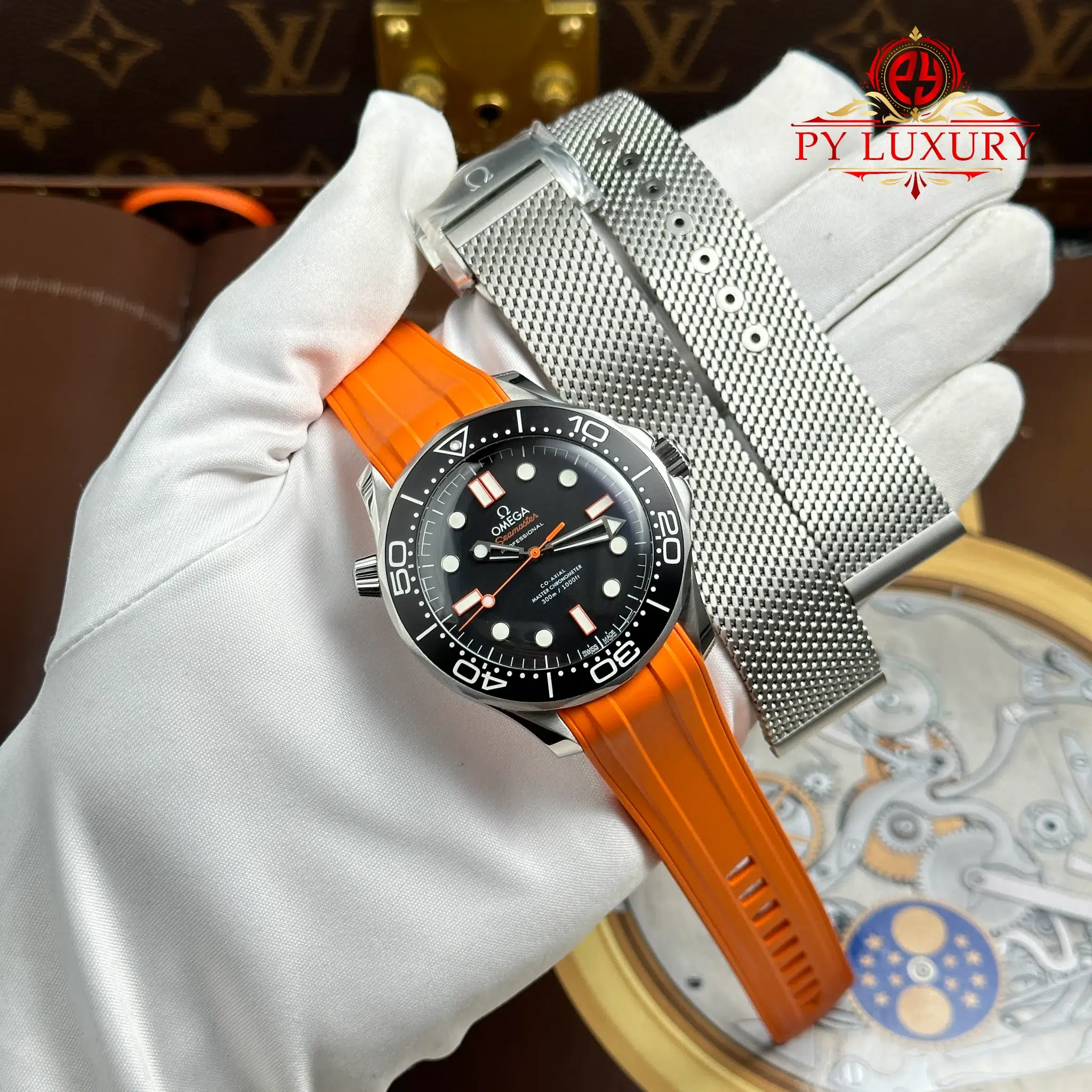 Omega Seamaster Diver 300M 21032422001006 Steel Black Dial Orange Rubber Strap - 2 Omega Seamaster Diver 300M Black & Orange Dial Steel Mesh & Orange Rubber Strap 1:1 Best Replica VSF