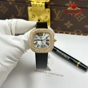 Cartier Coussin Medium Model Yellow Gold Spiral-set Diamonds Silver Dial Best Replica