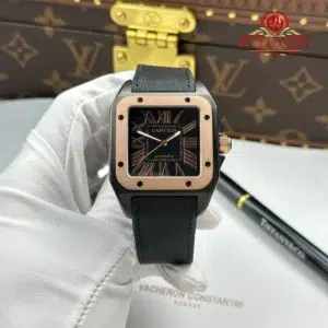 Cartier Santos 100 XL Black DLC Rose Gold Black Leather Strap Best Replica 43 x 51mm