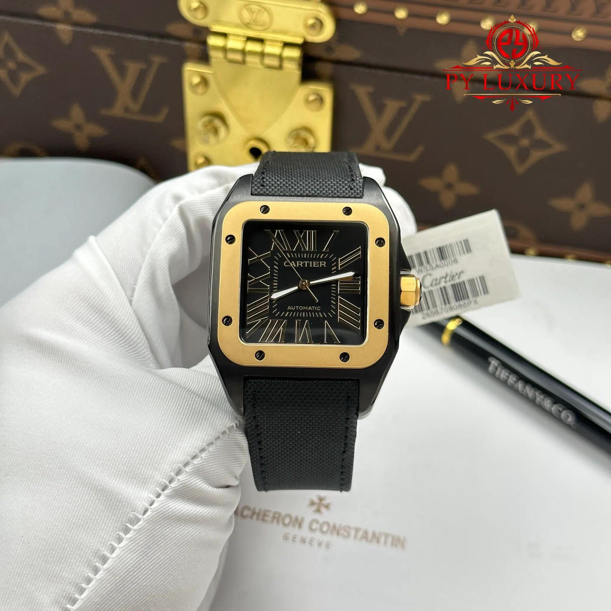 Cartier Santos 100 XL Black DLC Yellow Gold Black Leather Strap Best Replica - 1 Cartier Santos 100 XL Black DLC Yellow Gold Black Leather Strap Best Replica