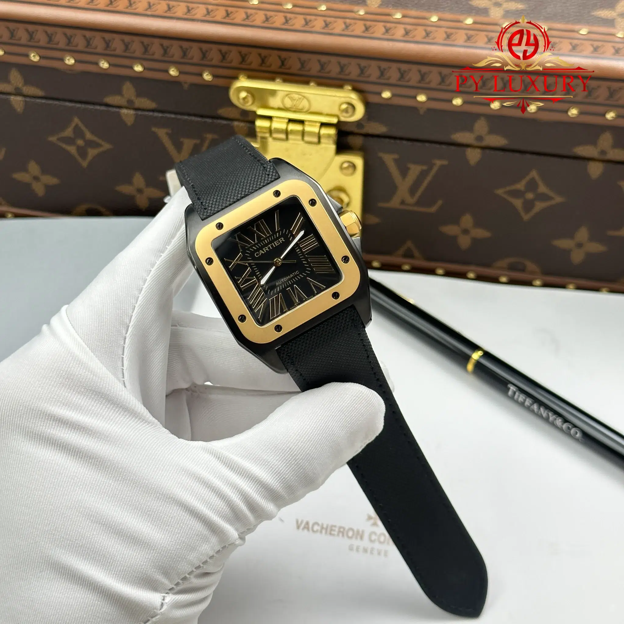 Cartier Santos 100 XL Black DLC Yellow Gold Black Leather Strap Best Replica - 2