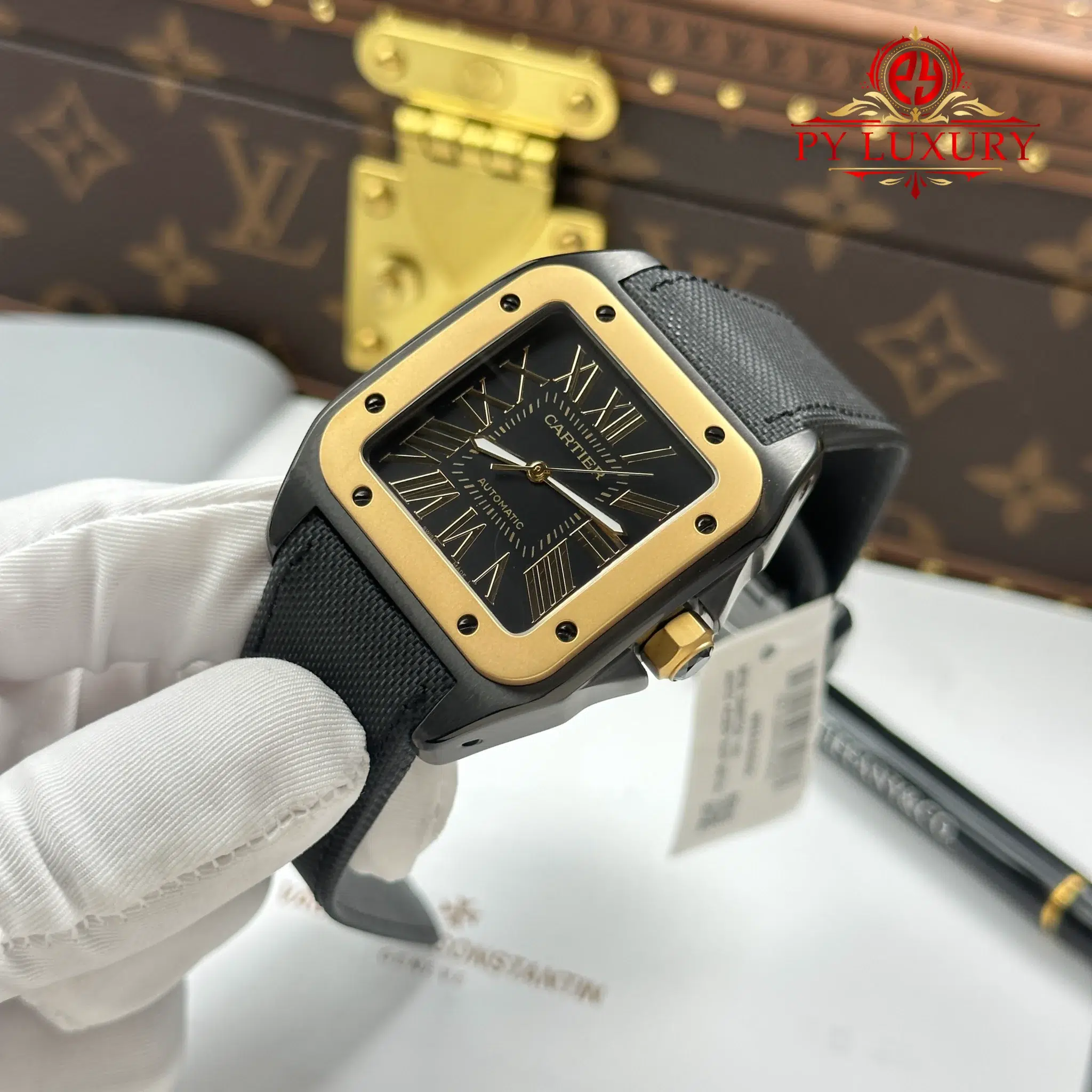 Cartier Santos 100 XL Black DLC Yellow Gold Black Leather Strap Best Replica - 3