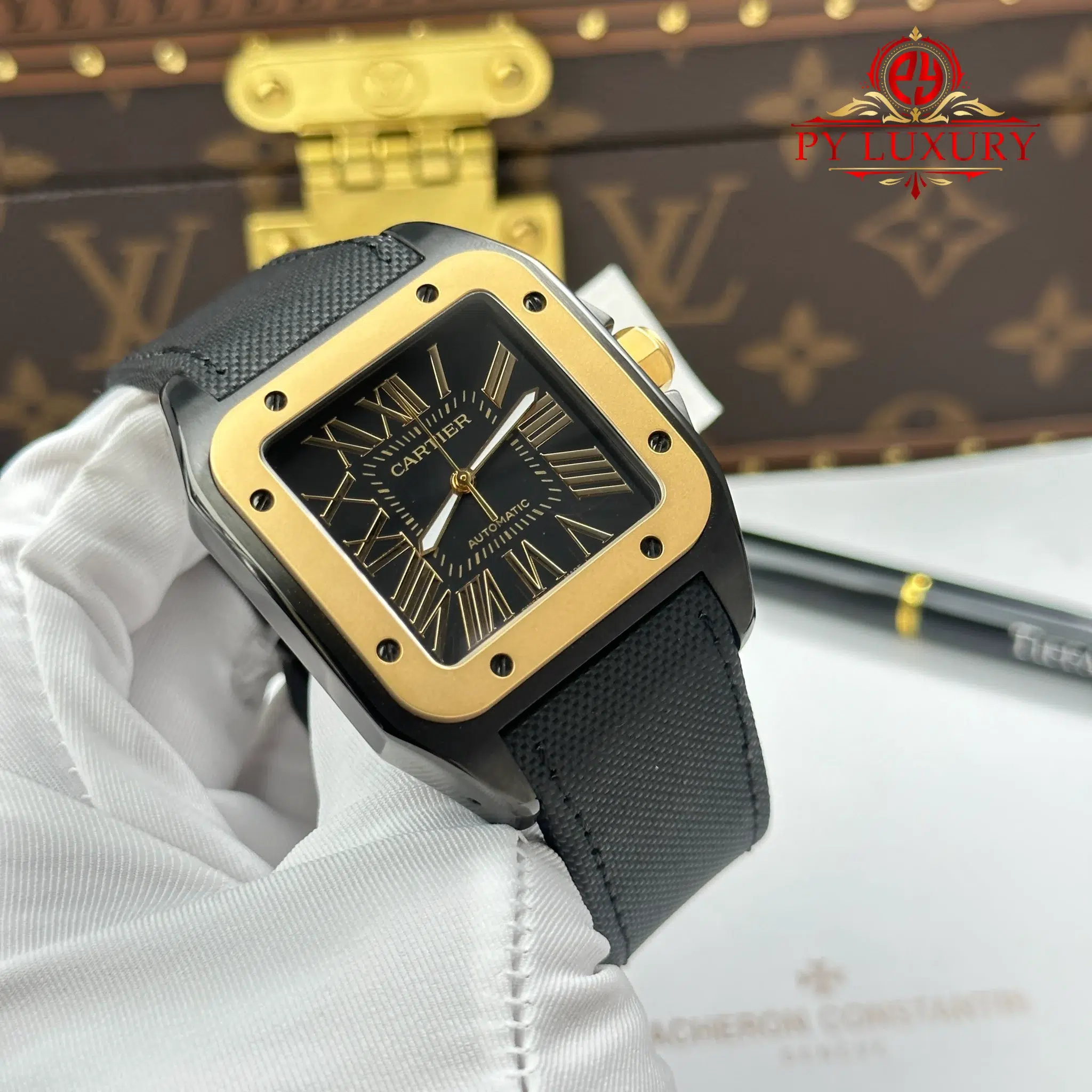 Cartier Santos 100 XL Black DLC Yellow Gold Black Leather Strap Best Replica - 4