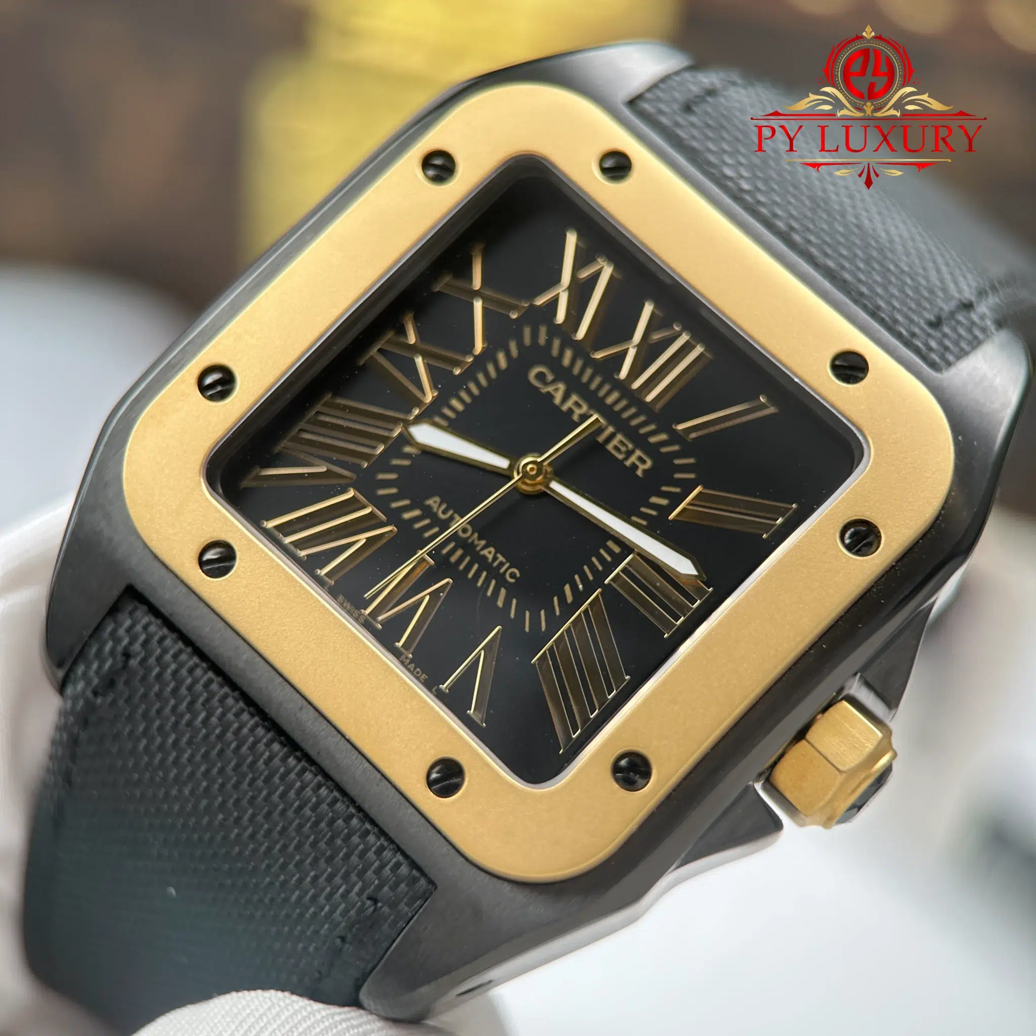 Cartier Santos 100 XL Black DLC Yellow Gold Black Leather Strap Best Replica - 5