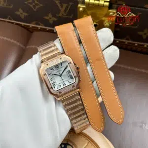 Cartier Santos WJSA0007 Rose Gold Silver Dial Diamond Bezel Best Replica BVF