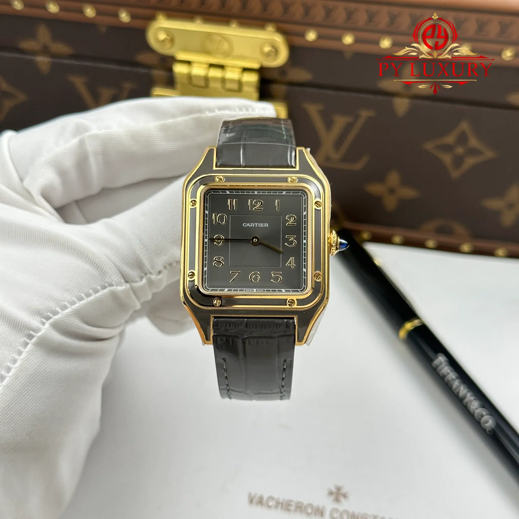 Cartier Santos Dumont LM Yellow Gold Gray Lacquer Grey Dial Leather Strap - 1 Cartier Santos Dumont LM Yellow Gold Gray Lacquer Grey Dial Quartz Leather Strap Replica AF