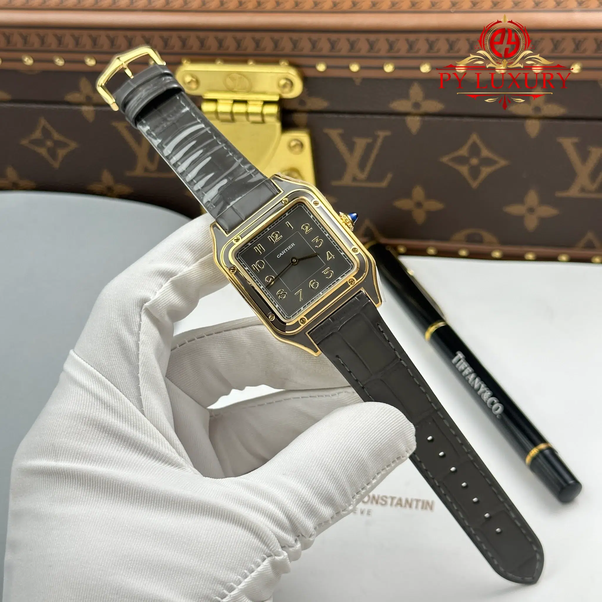Cartier Santos Dumont LM Yellow Gold Gray Lacquer Grey Dial Leather Strap - 2