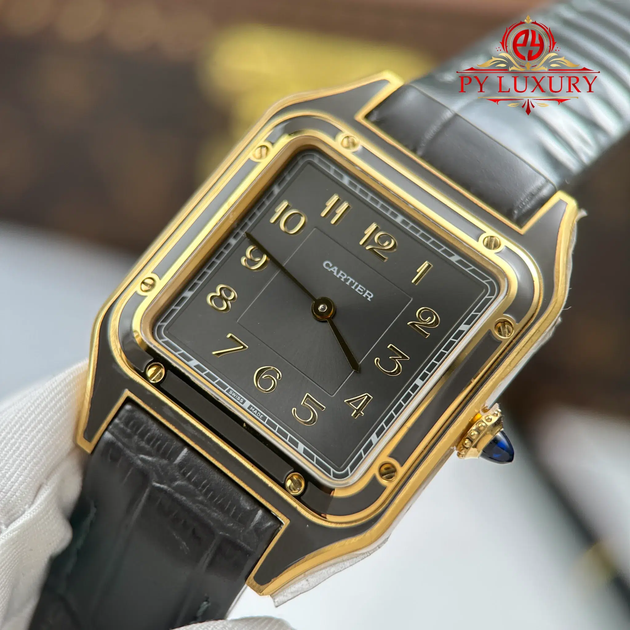 Cartier Santos Dumont LM Yellow Gold Gray Lacquer Grey Dial Leather Strap - 5