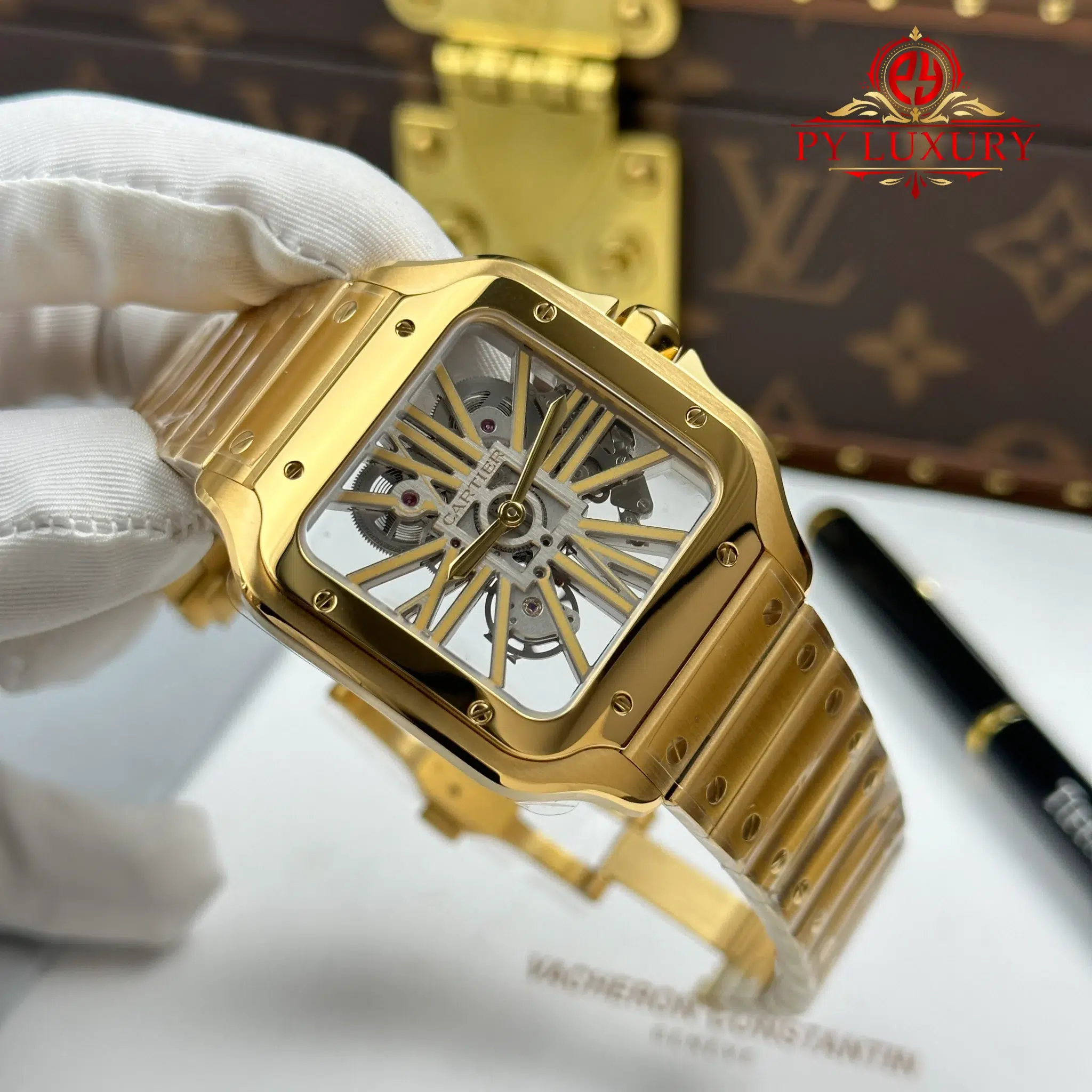 Cartier Santos Skeleton Dial WHSA0042 Yellow Gold Large Model Super Clone - 2