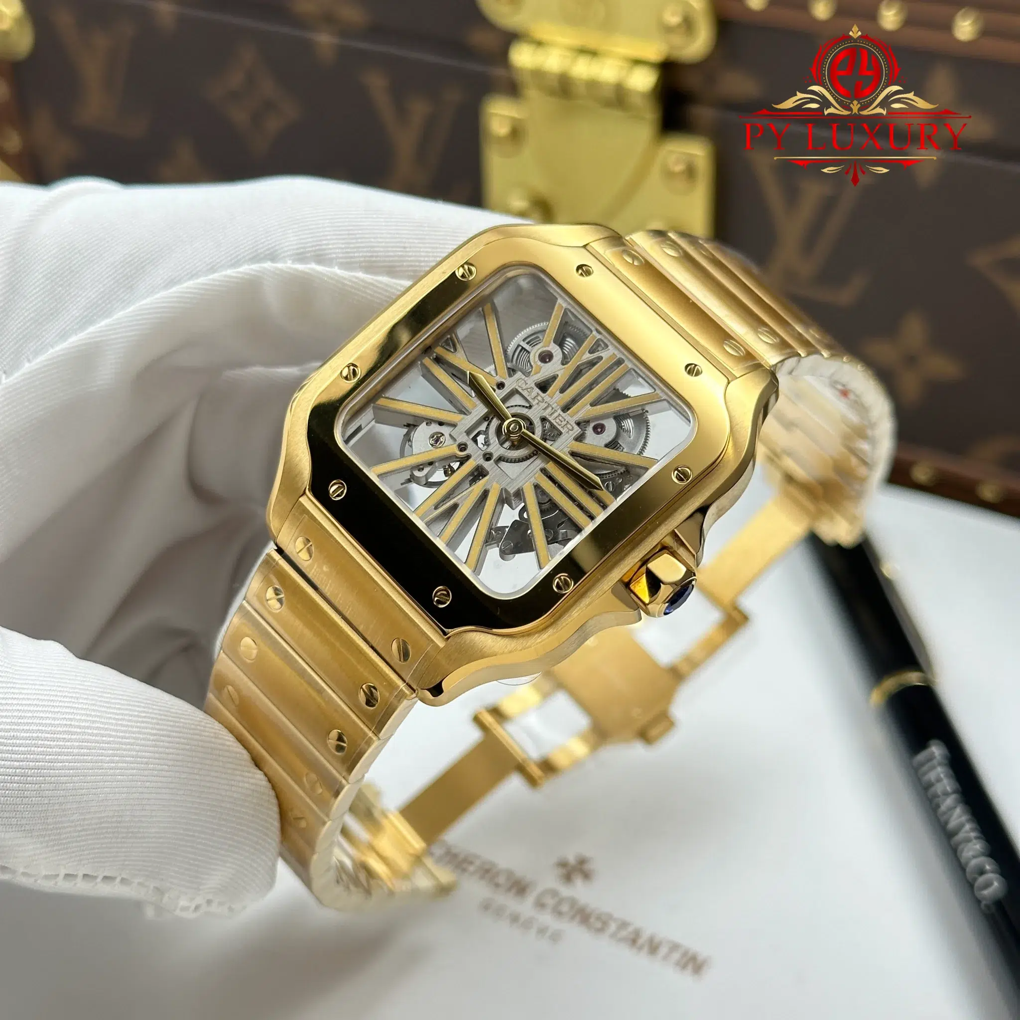 Cartier Santos Skeleton Dial WHSA0042 Yellow Gold Large Model Super Clone - 3
