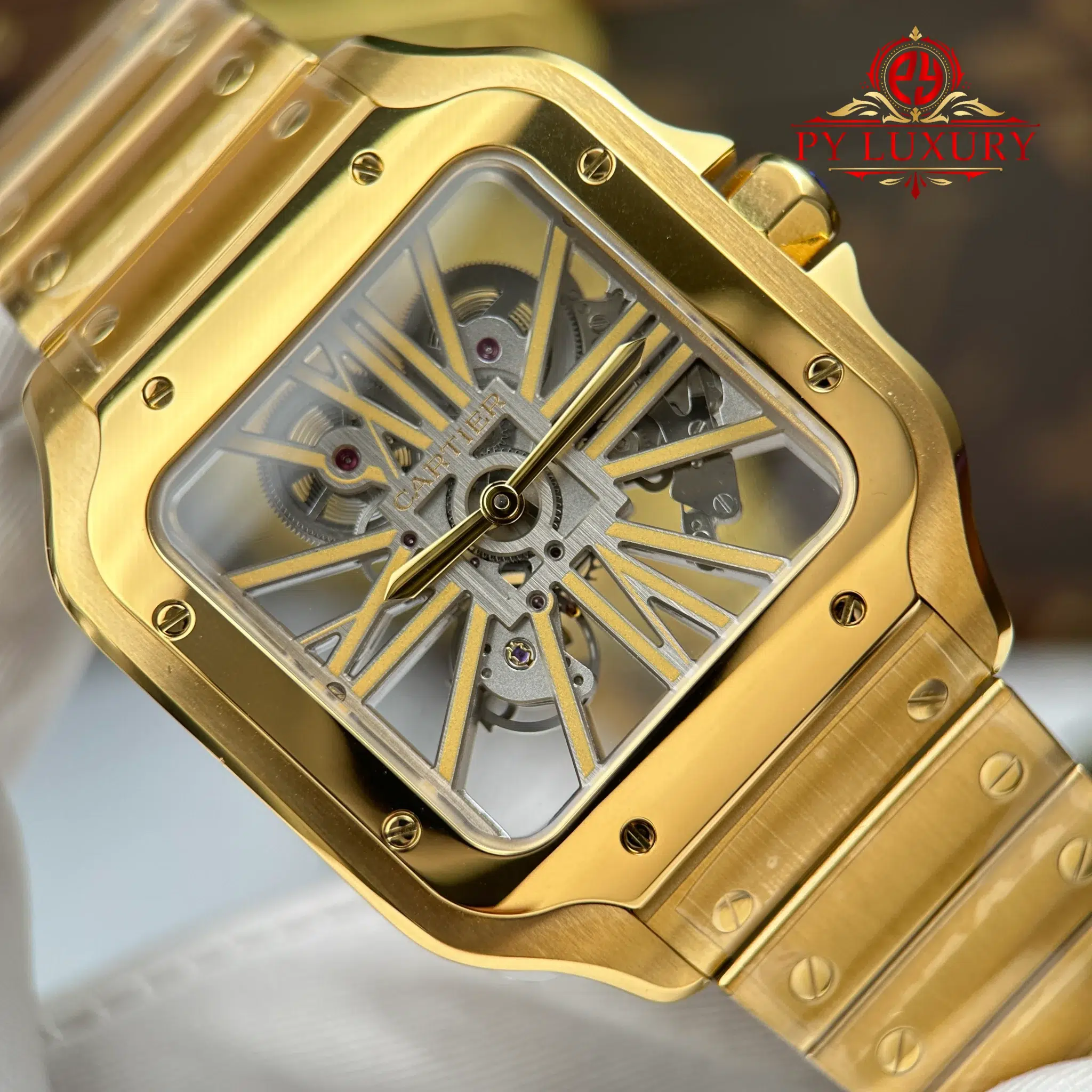 Cartier Santos Skeleton Dial WHSA0042 Yellow Gold Large Model Super Clone - 5