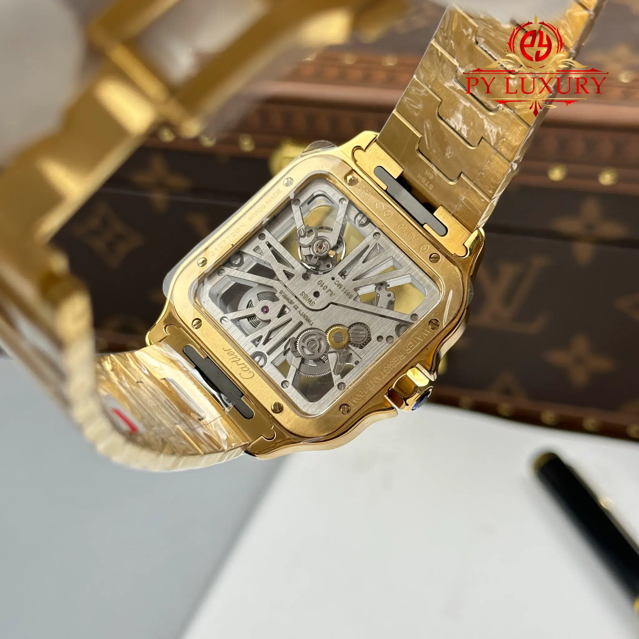 Cartier Santos Skeleton Dial WHSA0042 Yellow Gold Large Model Super Clone - 9