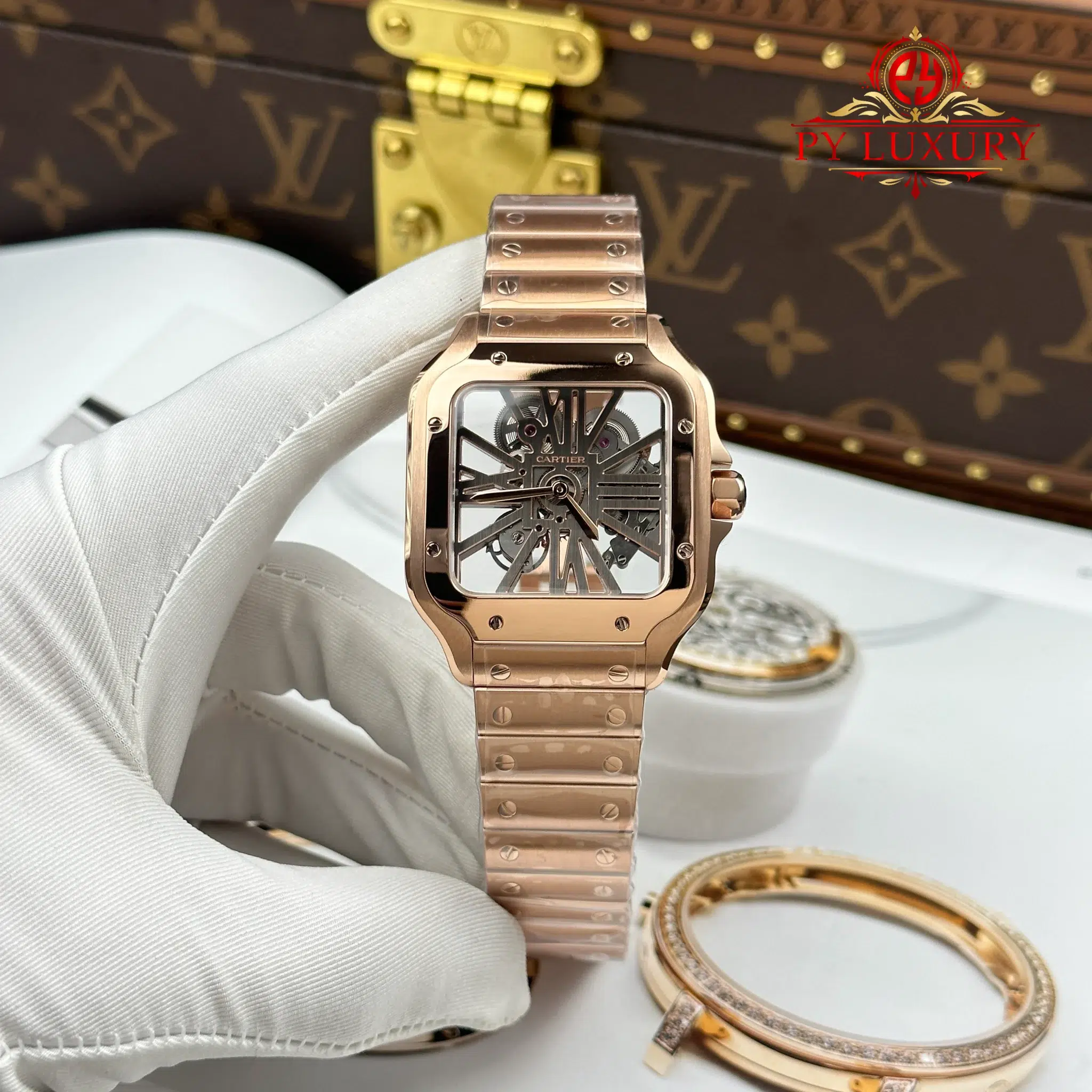 Cartier Santos Skeleton WHSA0016 Rose Gold Super Clone - 1 Cartier Santos Skeleton WHSA0016 Large Model Rose Gold Super Clone