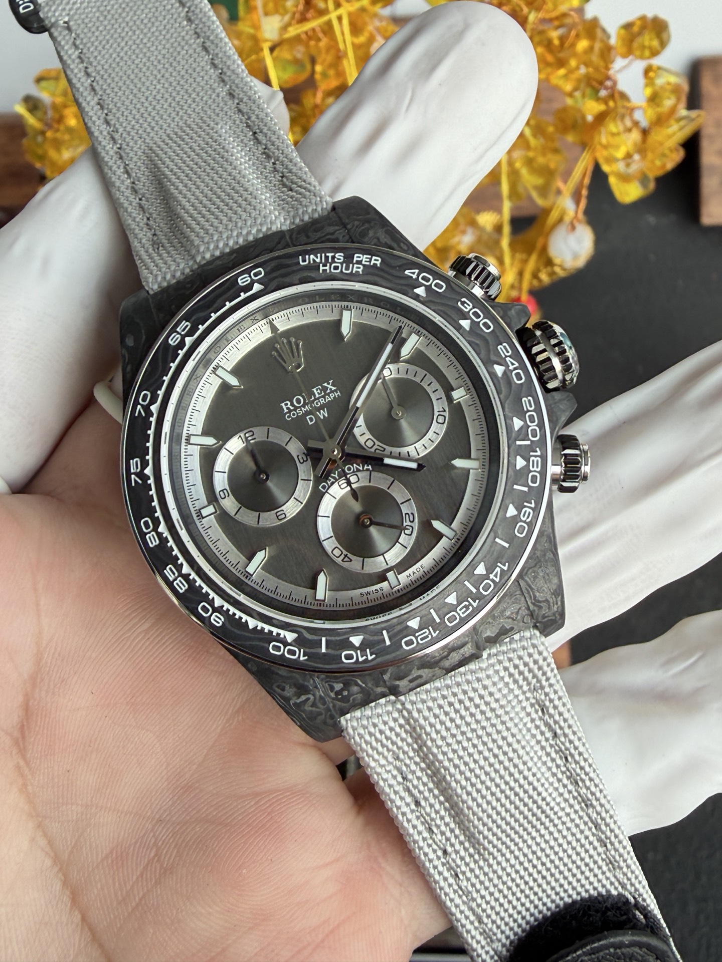 DiW Rolex Graphite Daytona NOVA Gray Dial Black Carbon Nilon Strap Super Clone - 2