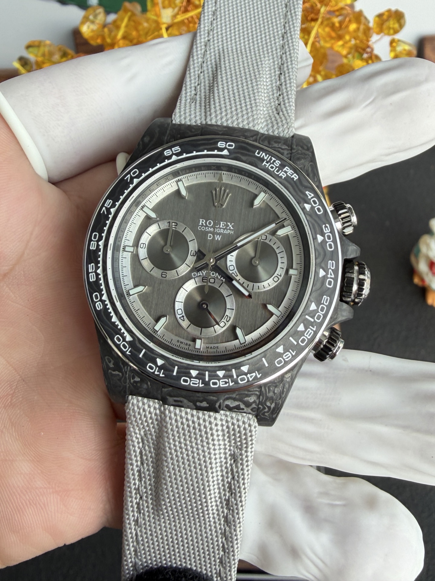 DiW Rolex Graphite Daytona NOVA Gray Dial Black Carbon Nilon Strap Super Clone - 3