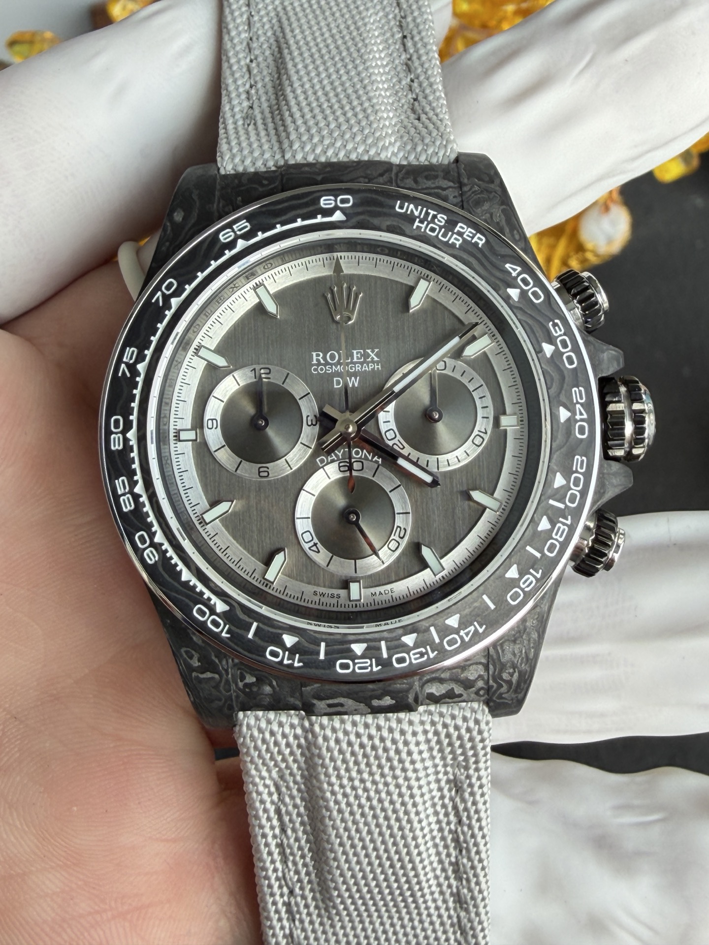 DiW Rolex Graphite Daytona NOVA Gray Dial Black Carbon Nilon Strap Super Clone - 4
