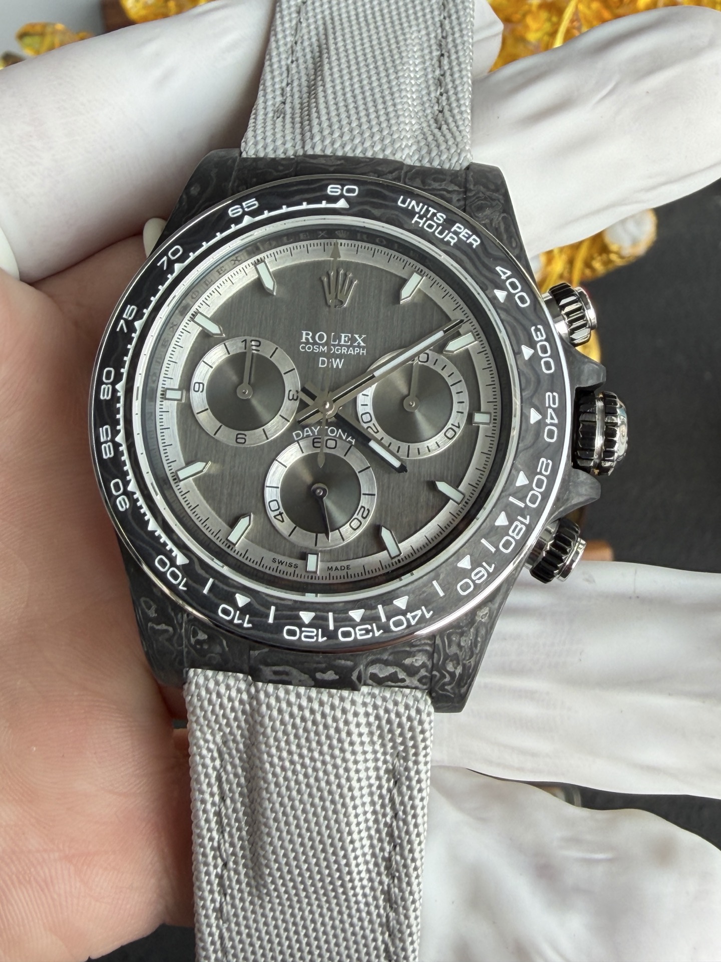 DiW Rolex Graphite Daytona NOVA Gray Dial Black Carbon Nilon Strap Super Clone - 5