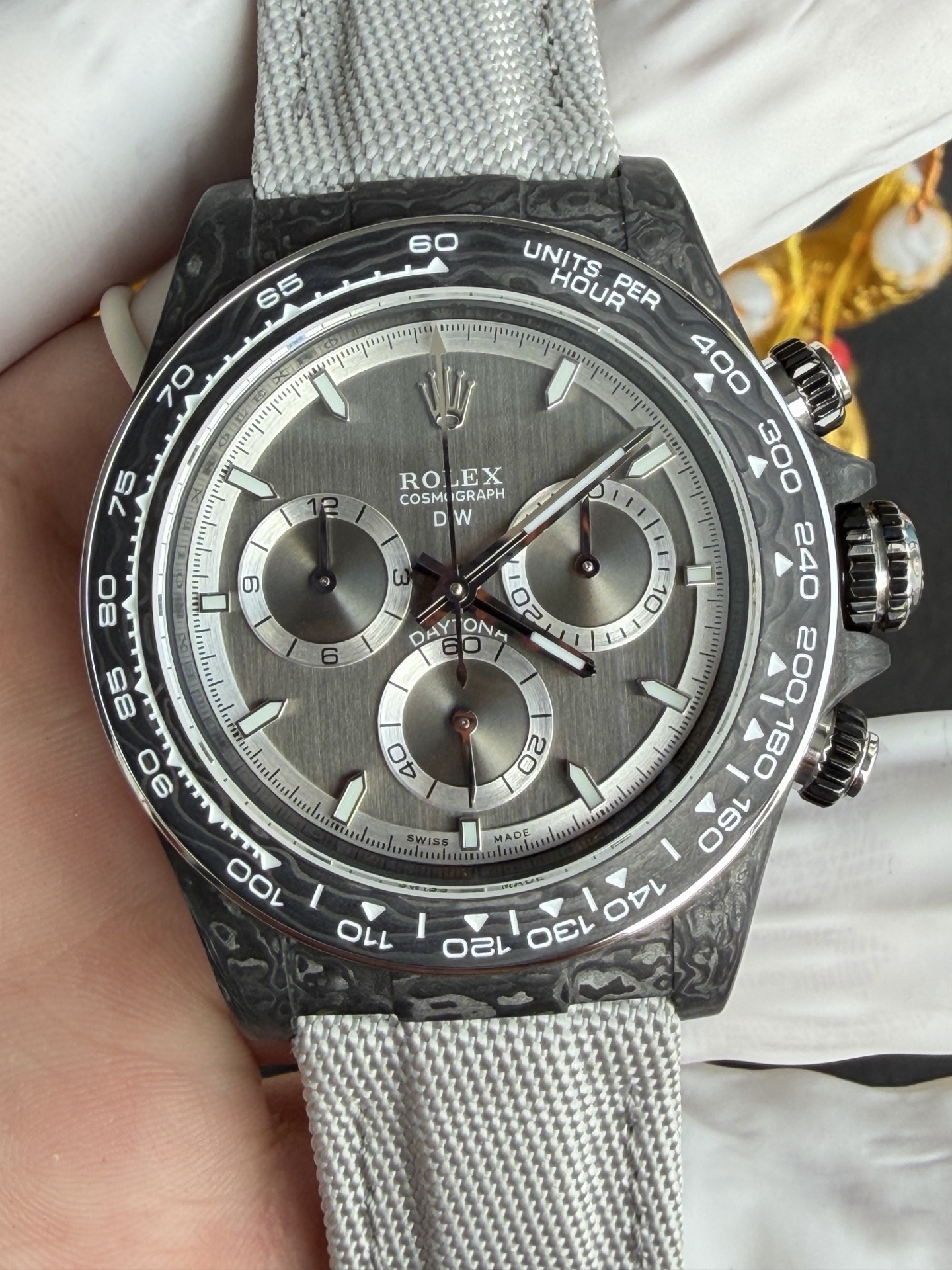 DiW Rolex Graphite Daytona NOVA Gray Dial Black Carbon Nilon Strap Super Clone - 6