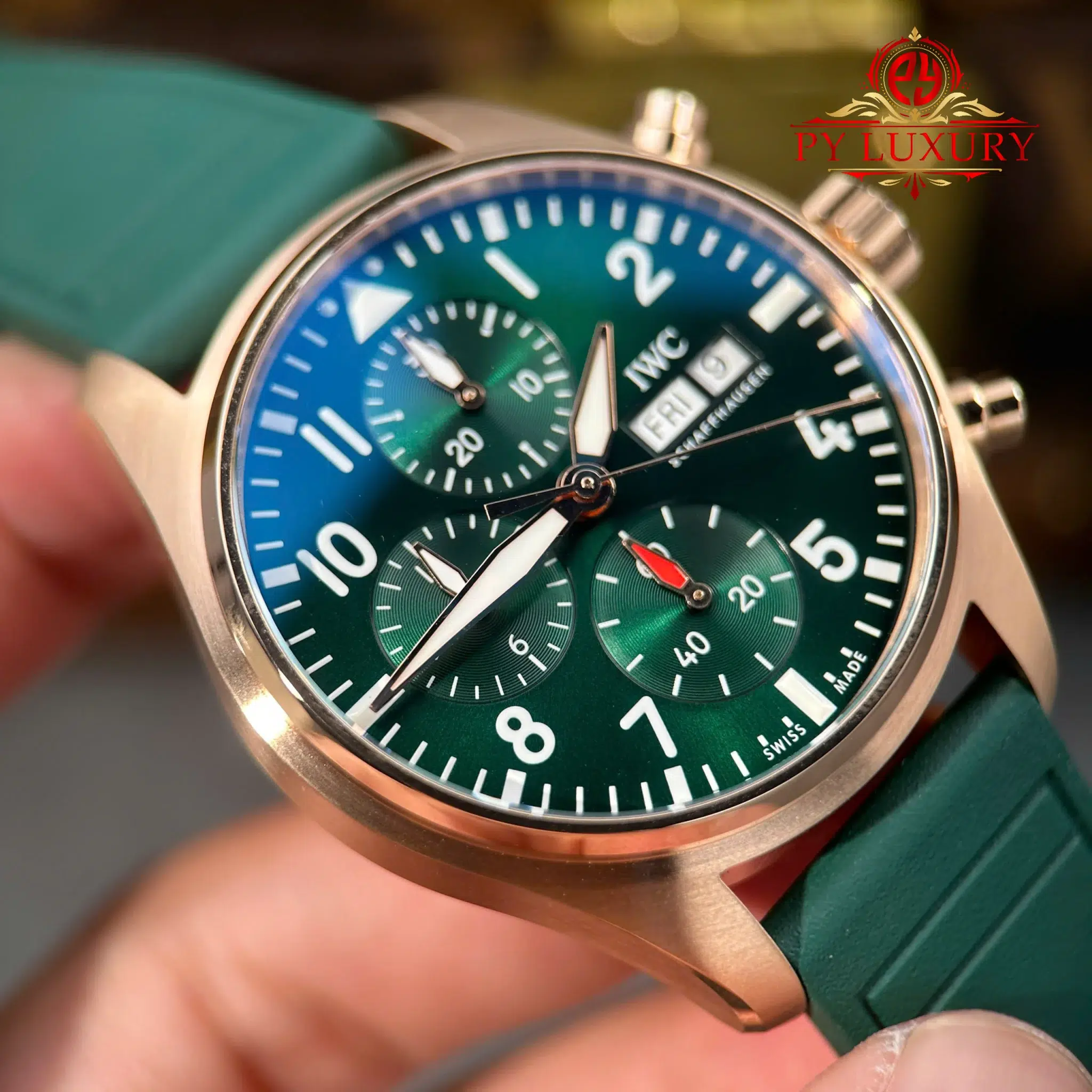 IWC Pilot Chronograph IW388110 Rose Gold Green Dial Green Rubber Strap Super Clone APSF - 6
