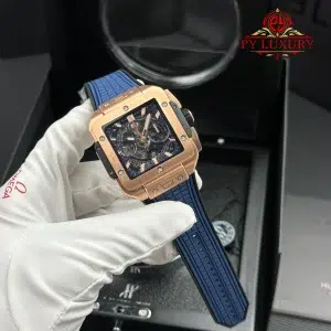 Hublot Square Bang Unico King Gold Blue Rubber Strap Best Replica BBF